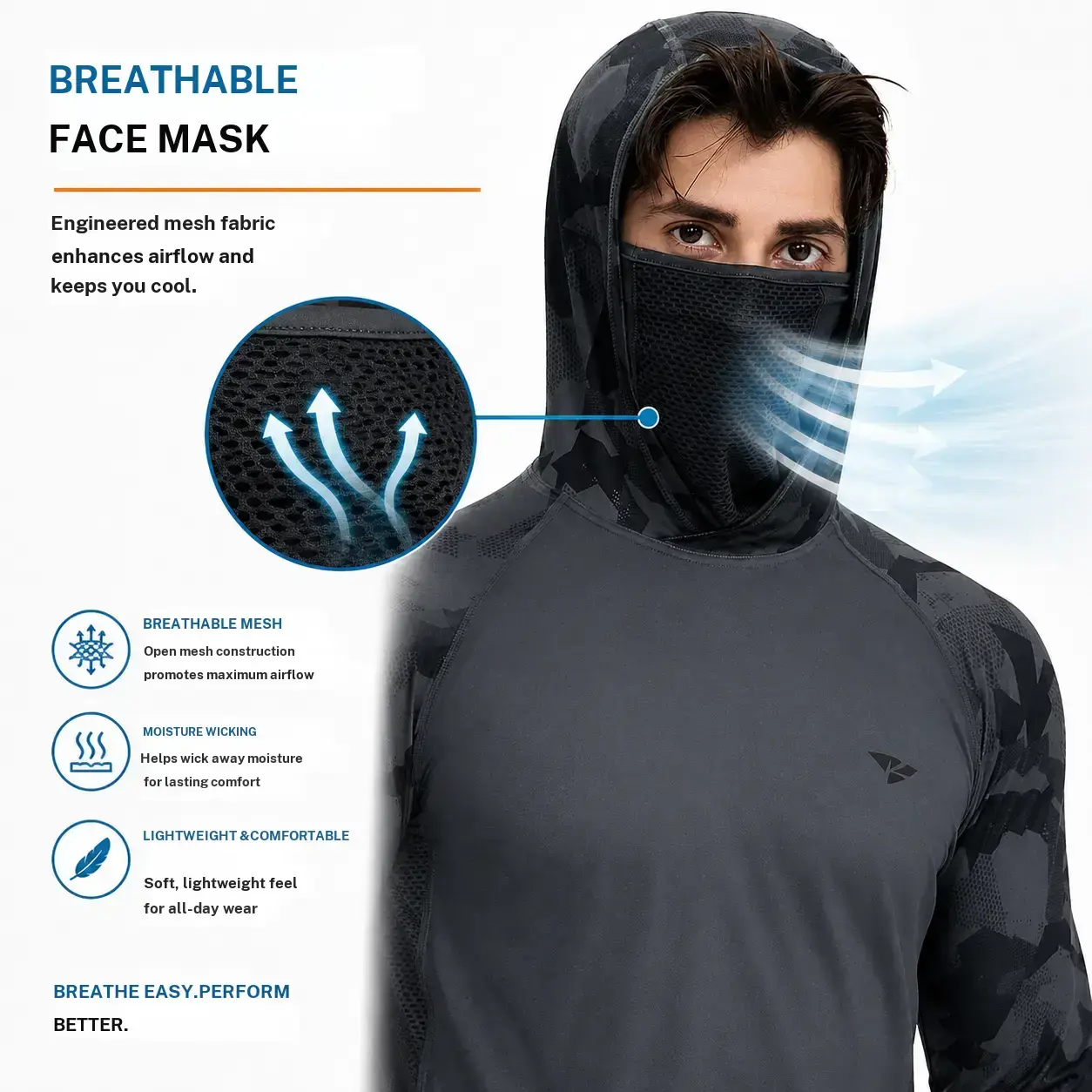 【RODEEL】915 Sun Hoodie Shirts w/ Mask Neck Gaiter Men UPF 50+ UV Protection Long Sleeve Lightweight Quick Dry Moisture Wicking Breathable Athletic Activewear for Outdoor Fishing Boating Hiking Construction Roofing Landscaping SummerWins