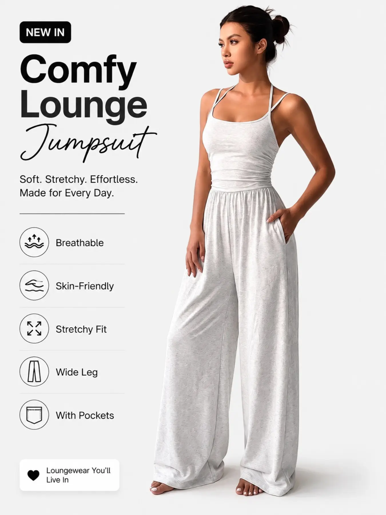 Strappy Wide Leg Jumpsuit with Pockets, Sleeveless Scoop Neck, Stretchy Lounge All-In-One, Comfy Relaxed Fit for Home, Travel, Summer