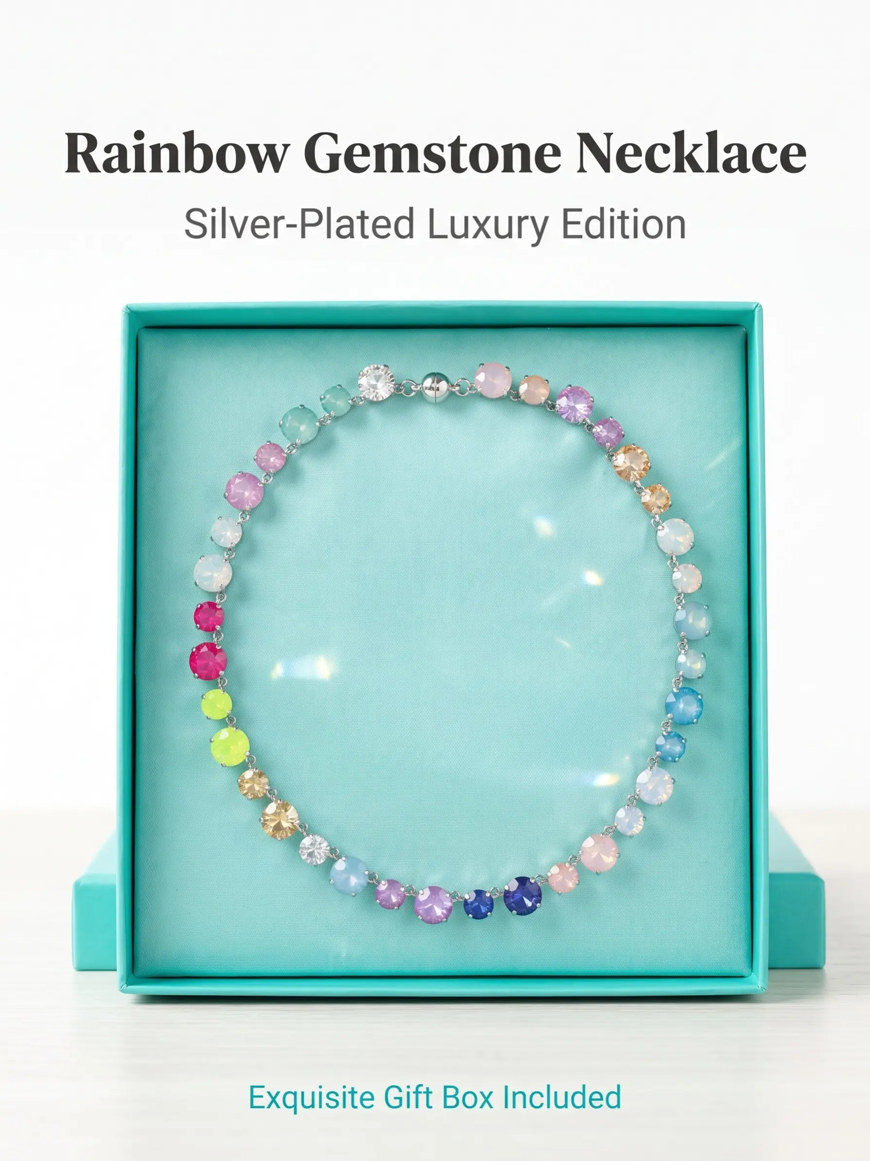 Rainbow Macaron Gradient Crystal Necklace, Full Rhinestone Sparkly Magnetic Clasp Statement Jewelry Style