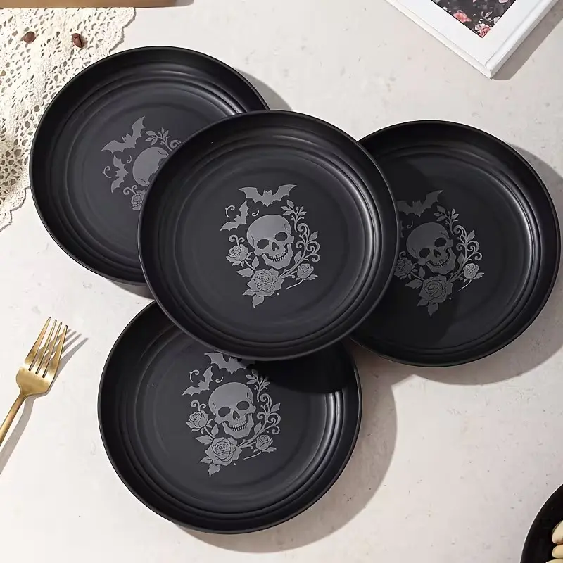 6/8pcs Gothic Skull and Rose Plastic Plates, Reusable Matte Black Round Dessert & Salad Plates, Lightweight Day of the Dead Halloween Dinnerware Set for Fruit, Snacks, Pasta