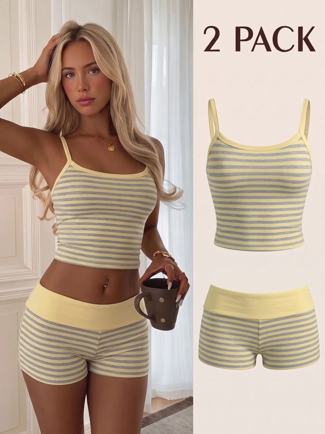 Women Minimal Lazy Two Pack Lounge Pajama Set Soft Smooth Stretch Rib Knit Pastel Cream Yellow Base Even Light Grey Thin Horizontal Stripes Big U Neck Thin Spaghetti Strap Cropped Cami Top, Striped Bottom
