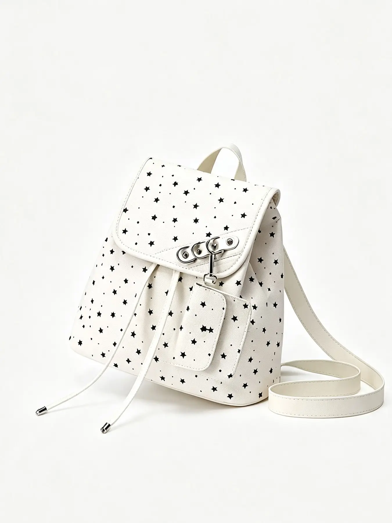 Cute star printed drawstring flap women's backpack, soft adjustable shoulder strap backpack with metal lock details, mini lightweight casual day bag, perfect for students attending classes, daily commuting, short trips, and pairing with sweet minimalism