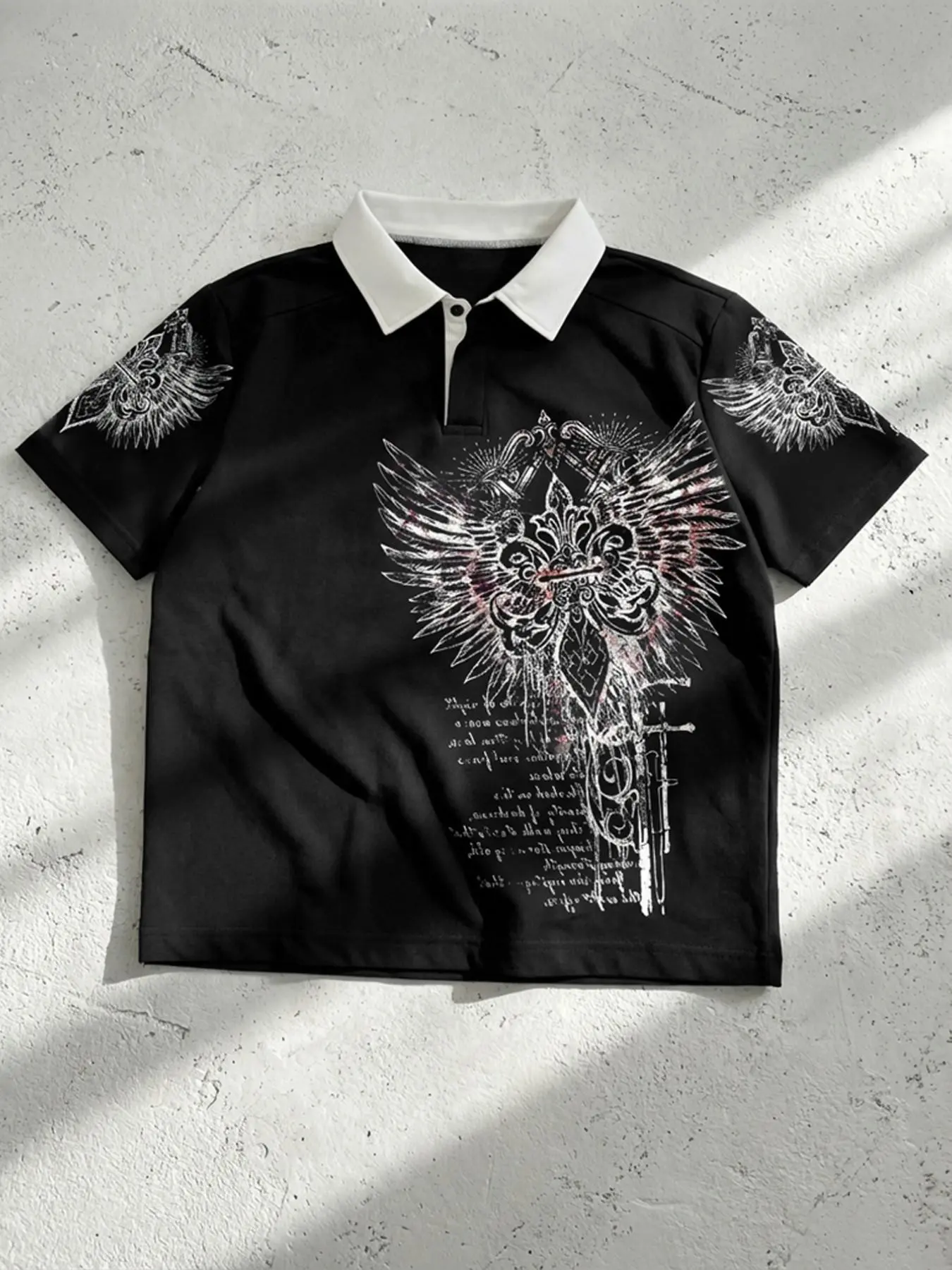 Men's Black Gothic Graphic Polo Shirt, Oversized Short Sleeve Collared Top with White Contrast Collar, Winged Heart Front Print and Sleeve Graphics, Retro Y2K Streetwear for Summer, Campus Looks, Music Festivals, Parties, Photos, and Casual Styling