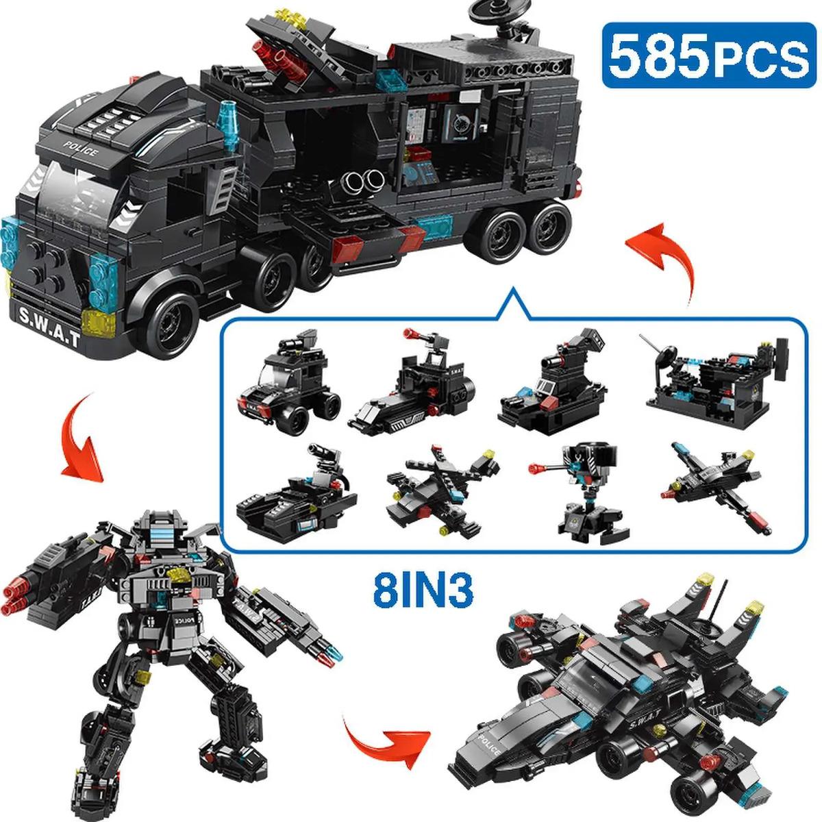 585PCS SWAT 8 IN 3 Police Station Truck Model Building Blocks City Machine Helicopter Car Figures Bricks Educational Toy For Children
