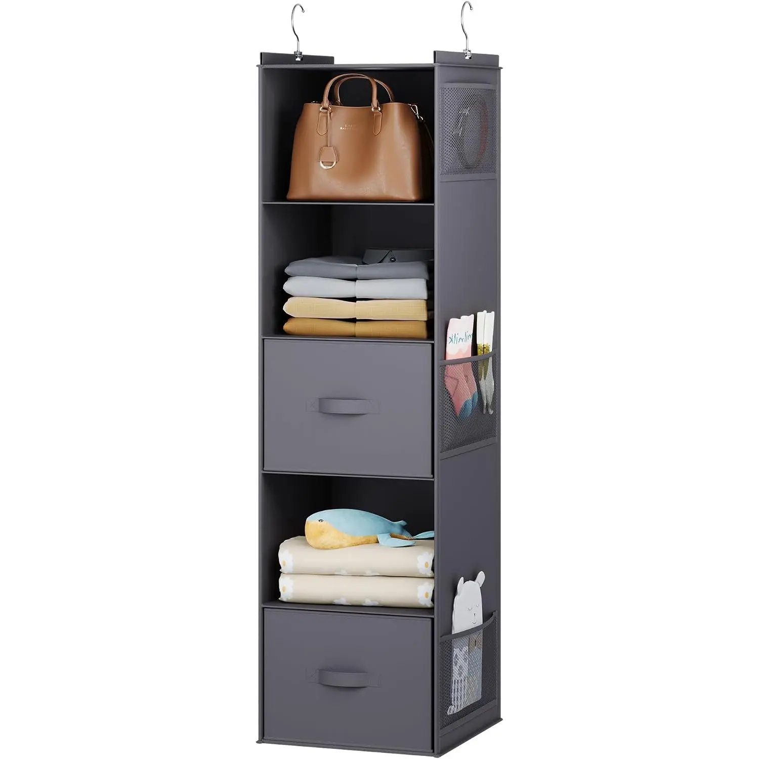 Closet Organizer, 5 Tier  Closet Shelves with 6 Side Pockets and 2 Drawers, Dark Grey