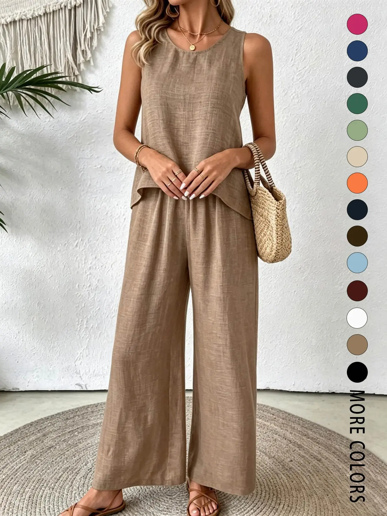 Two French fashion Casual Minimalist plain color women's sleeveless vests, loose and slimming wide leg pants set suitable for summer beachwear set, suitable for daily coffee shop check-in, beach vacation, city short distance travel, home leisure