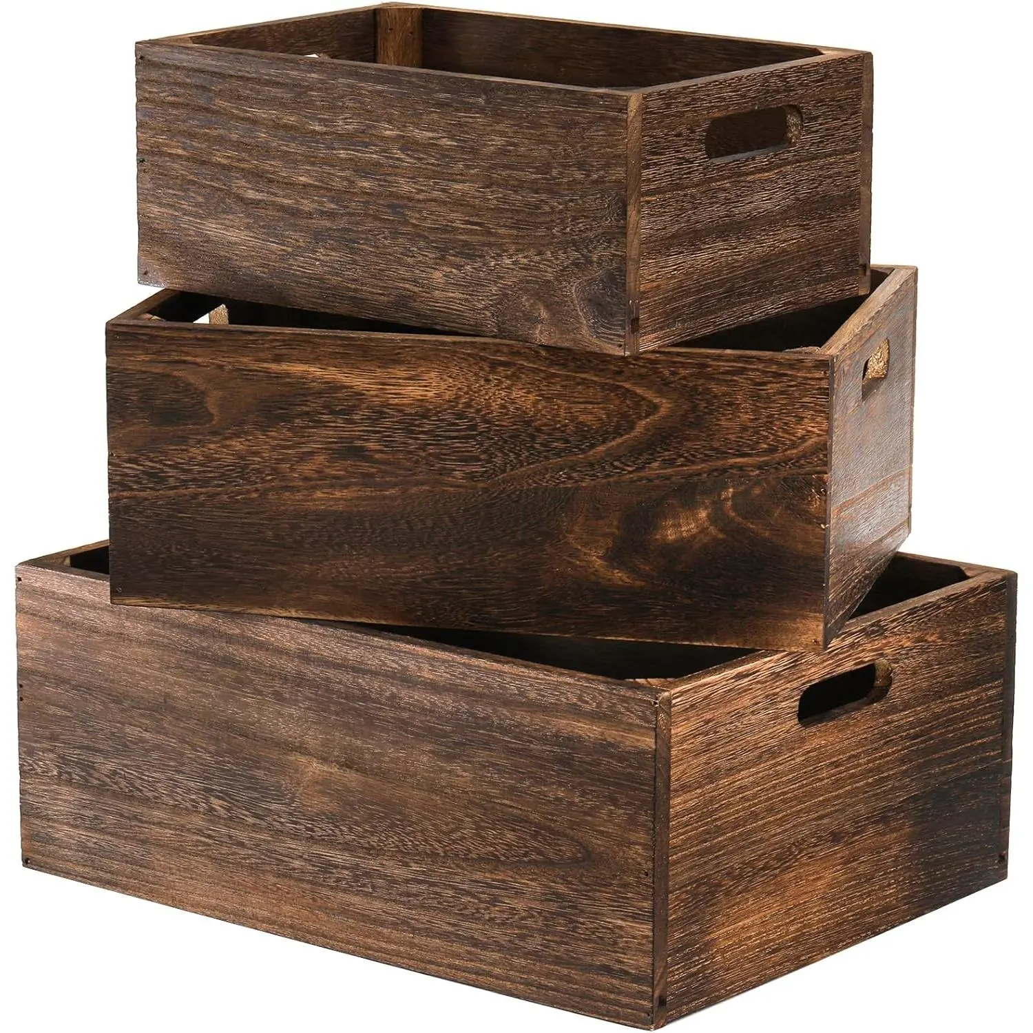 Vintage Rustic Handmade 3-Piece Wooden Rectangle Nesting Storage Boxes Set with Cutout Handles - Large (15.75"l*11.8"w*6.25"h), Medium (13.75"l*9.8"w*5.5"h), Main Image Style Pet Supplies Organization Bins, Kitchen Decor Bins