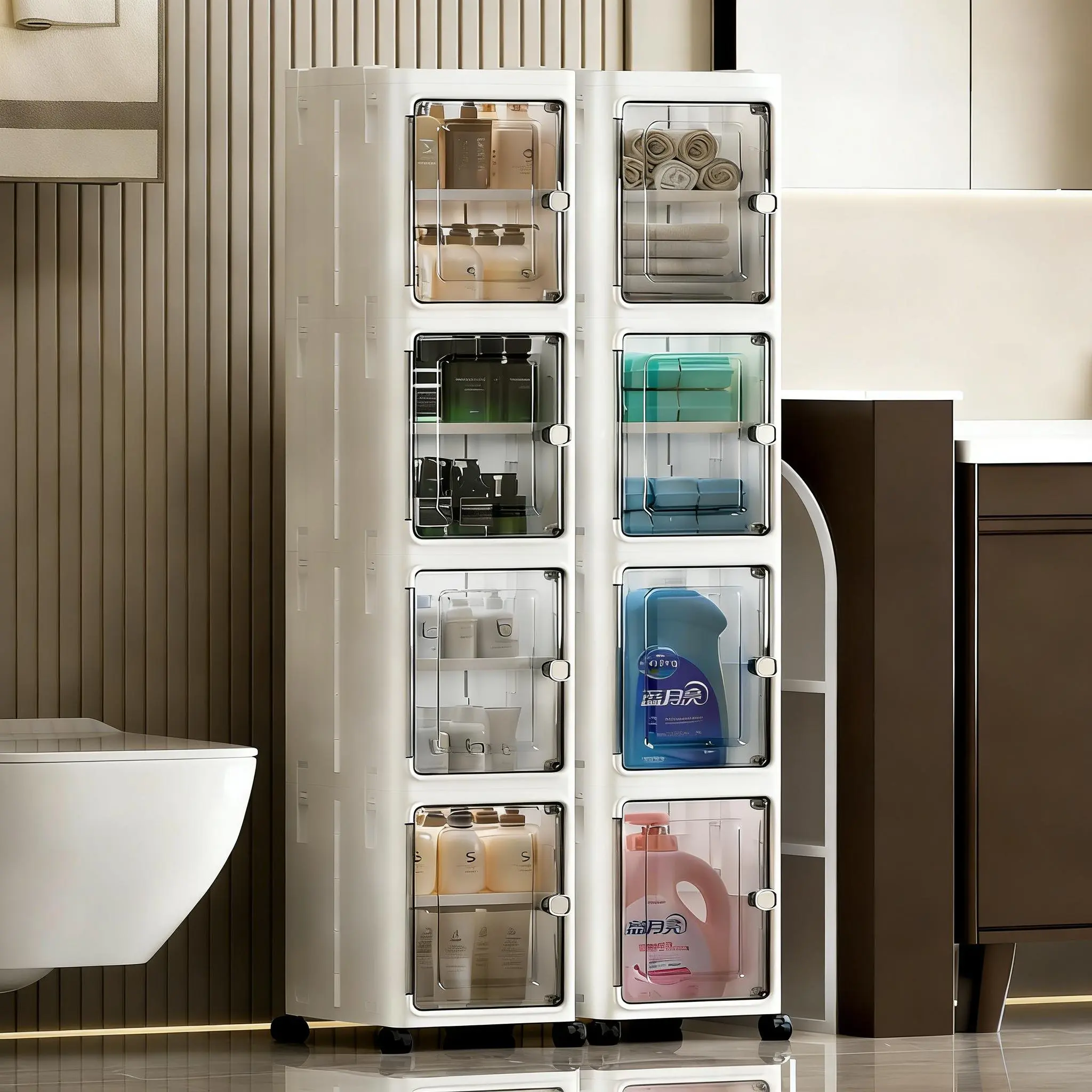 Folding Modern Rolling Storage Cabinet - Narrow Slim, Foldable, No-Installation, Magnetic Closure Door, Universal Wheels, Multilayer, Dustproof, Waterproof for Bathroom, Kitchen, Folding Storage Cabinet, Modern Storage Cabinet