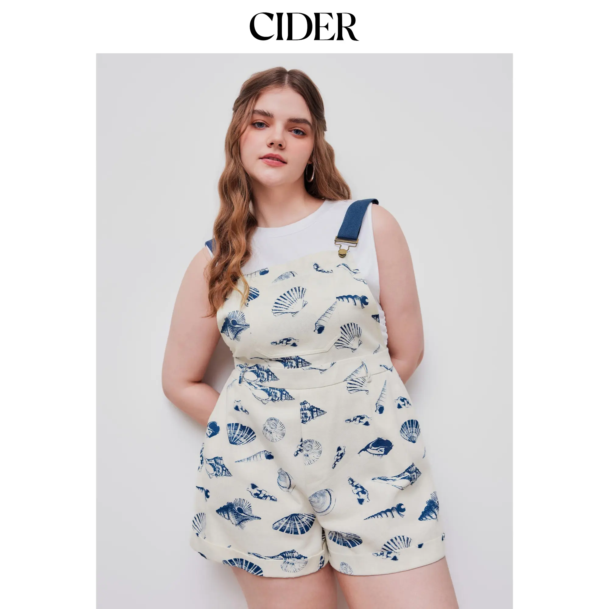 Cider [4 colors, size 0-24]  Shell Graphic Roll Hem Pocket Romper Curve & Plus