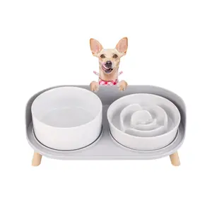 Elevated Slow Feeder Dog Bowls - Ceramic Food and Water Bowl Set with Stand - Raised Pet Dishes for Small and Medium Sized Dogs