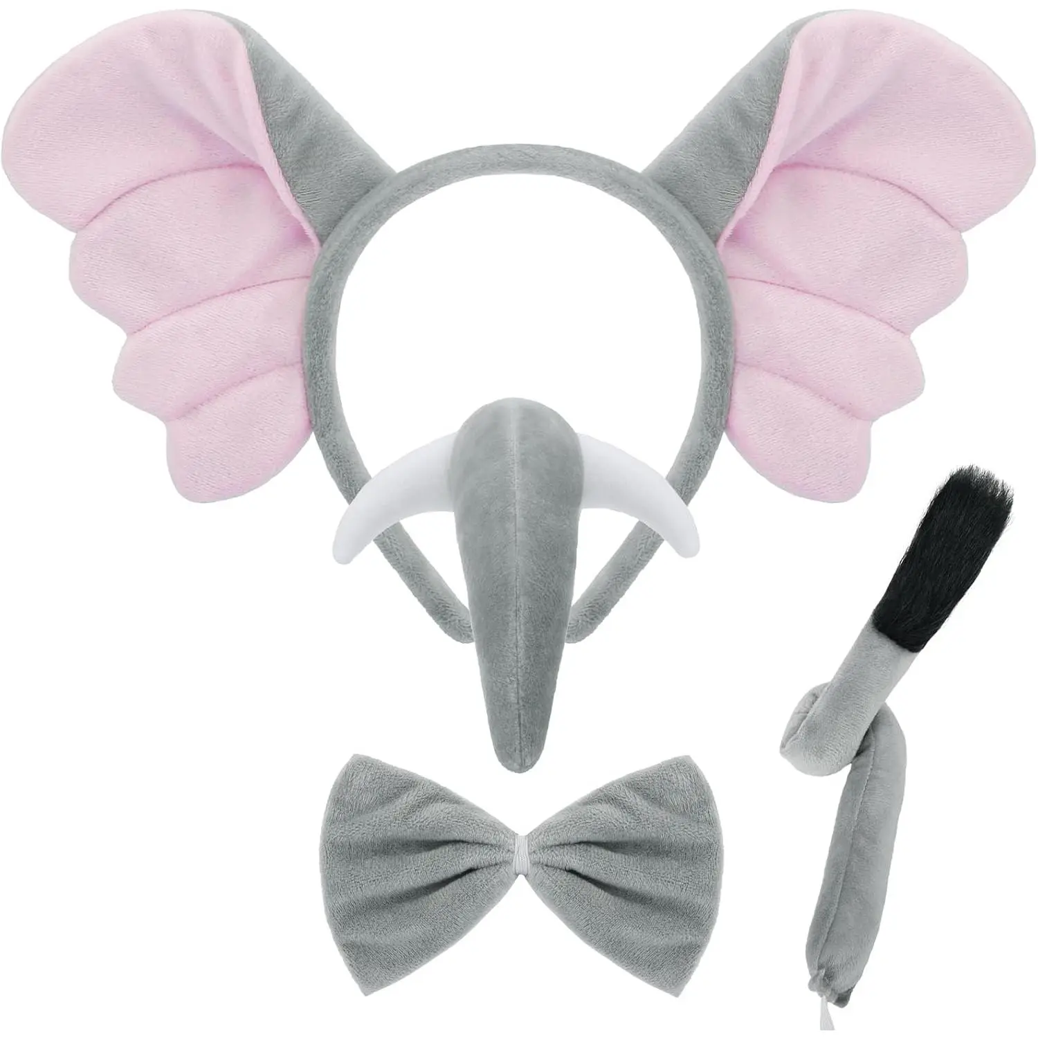 4 count Elephant Costume  Elephant Ears Headband Trunk Tail Bowtie | Elephant Costume  Adult Student for Character Day Trick-or-Treaters Halloween Party Playing Dress up Project  Props