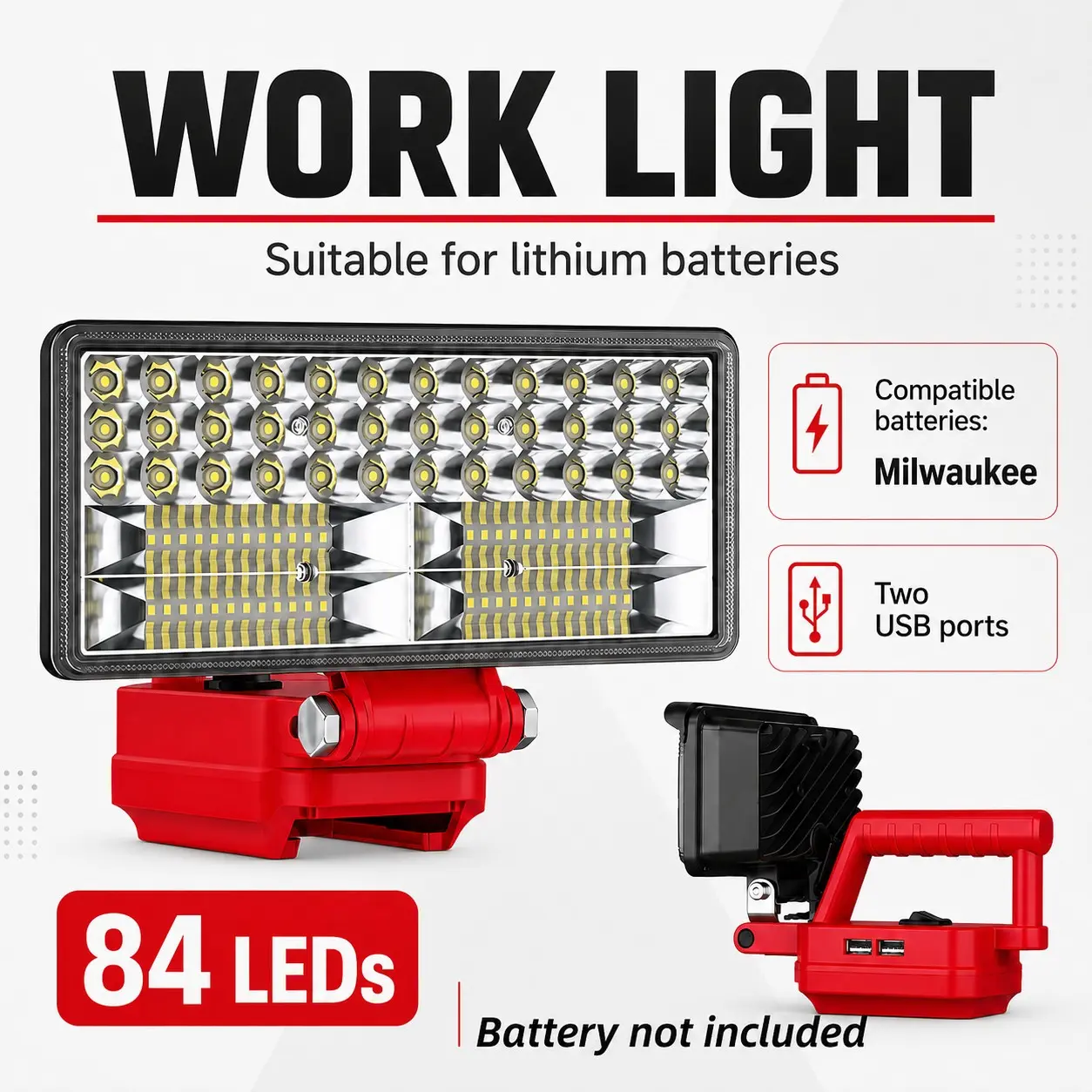 Wireless LED Work Light for Milwaukee 18v Battery, 20w 2000lm Wide Beam, Dual USB Charging Ports, Ideal for Emergency, Workshop, Garage, Portable Working Lights