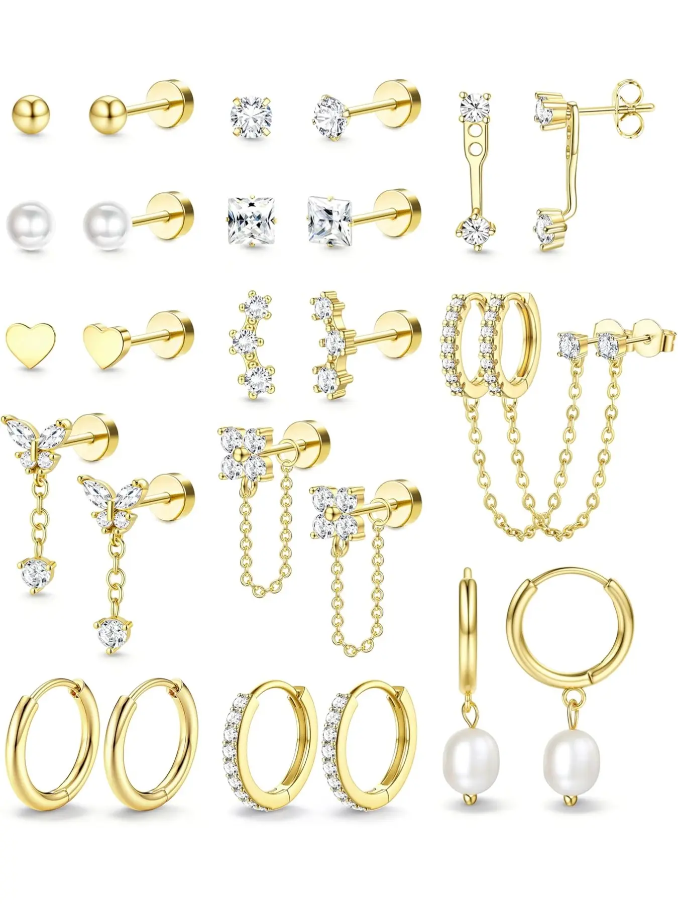 13 Pairs Stainless Steel Flat Back Earrings Set for Women Girls 14K Gold Plated Cartilage Earring Stacks Flatback Stud Hoop Earring for Multiple Piercing Jewelry  Hypoallergenic