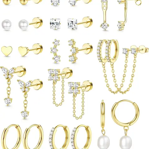 13 Pairs Stainless Steel Flat Back Earrings Set for Women Girls 14K Gold Plated Cartilage Earring Stacking Set Flatback Stud Hoop Earring for Multiple Piercing Jewelry  Hypoallergenic