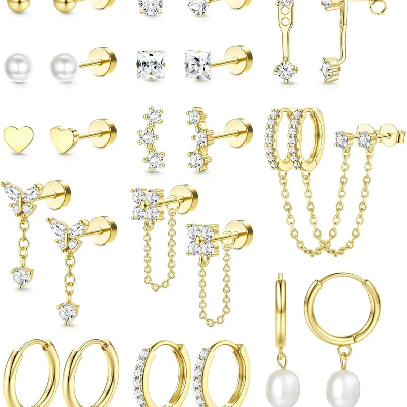 13 Pairs Stainless Steel Flat Back Earrings Set for Women Girls 14K Gold Plated Cartilage Earring Stacking Set Flatback Stud Hoop Earring for Multiple Piercing Jewelry  Hypoallergenic