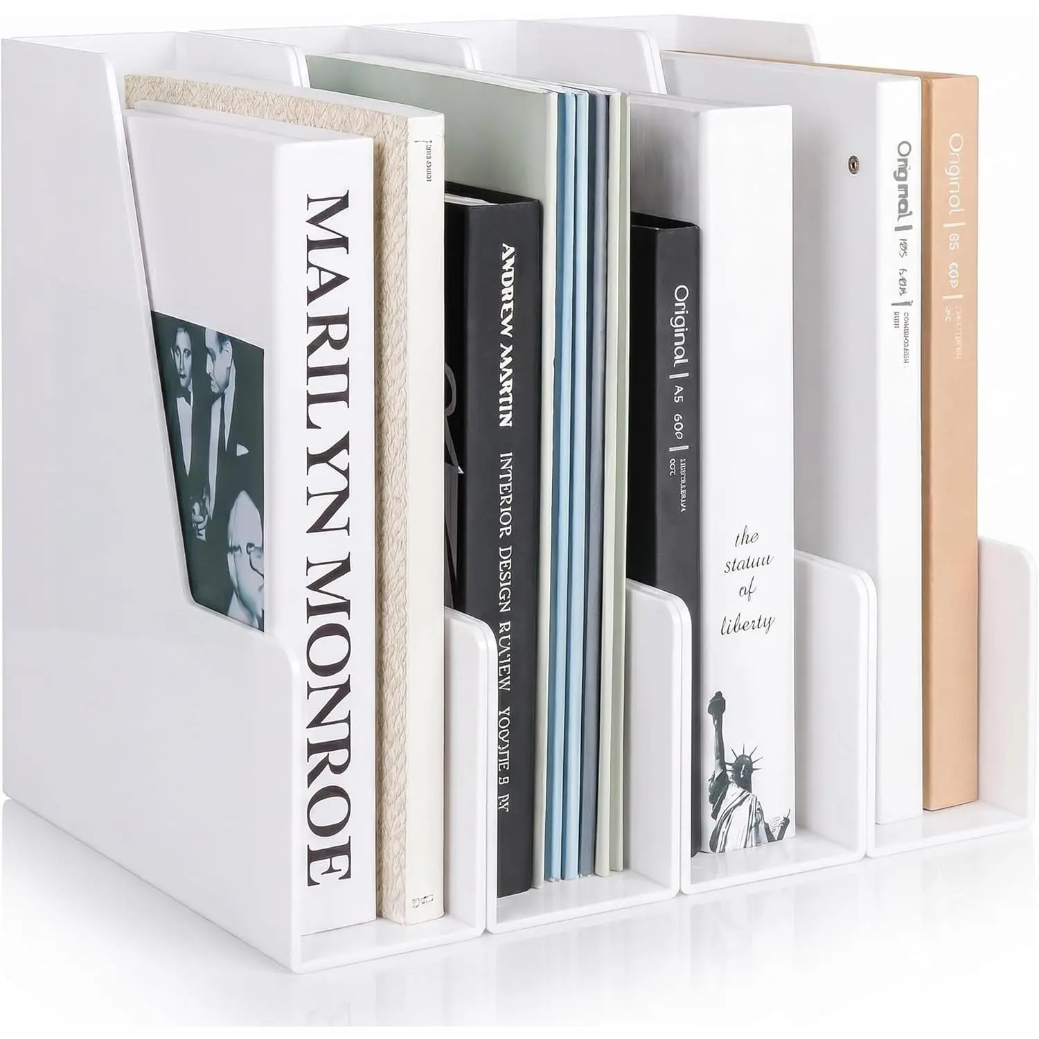 Vertical Magazine File Holder, White, 4 Pack | Plastic Folder Organizer for Magazines, Folders, Notebooks, Documents, 4 Section Vertical File OrganizerGift