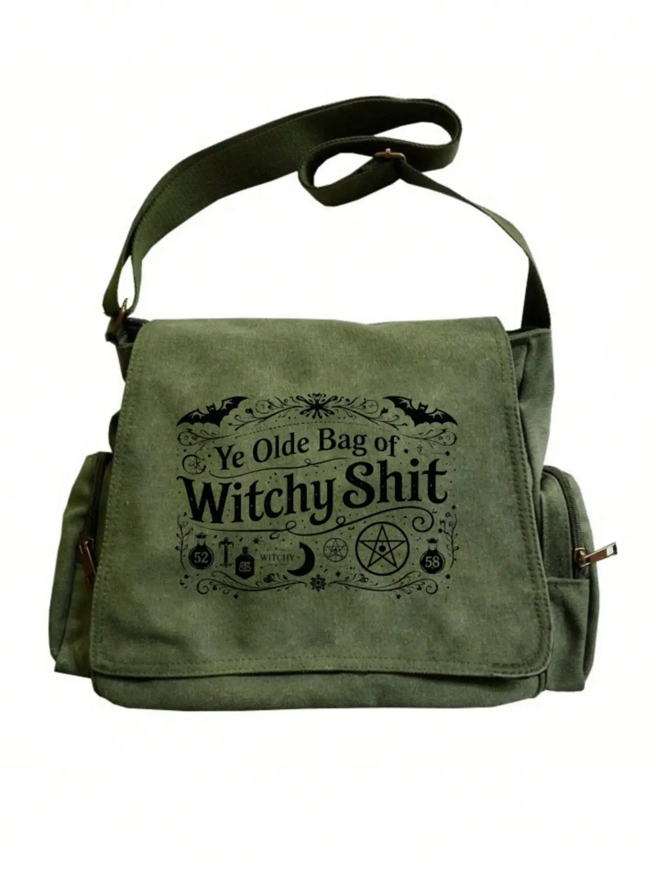 Men's Retro Messenger Bag, Large-Capacity Flip-Top Shoulder Bag Printed with Bats, Pentagrams, Moon & Mystic Symbols