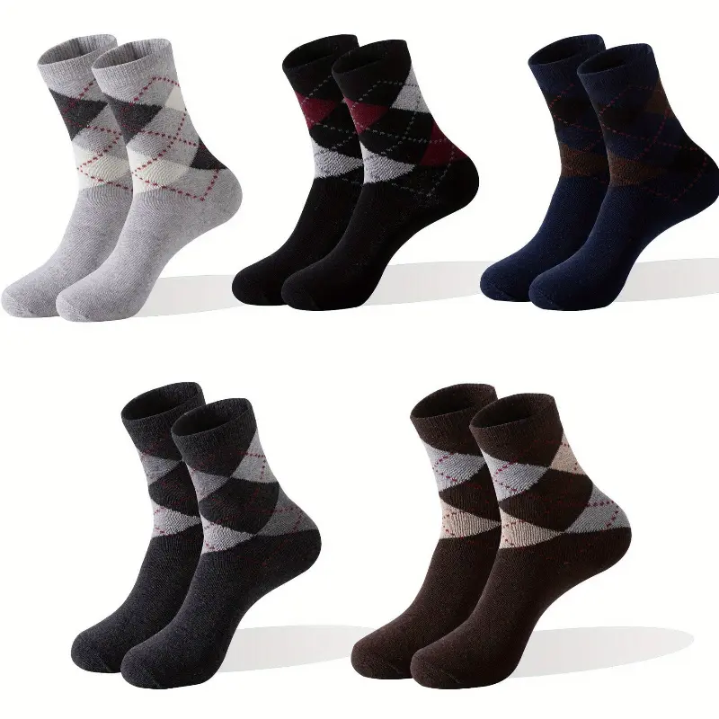 Unisex Cotton Retro Argyle Calf-High Sports Socks, 5 Pairs Mixed Colors, All Season Socks, Plain Soft Daily Wear, Cold-Resistant, Machine-Washable, One-Size