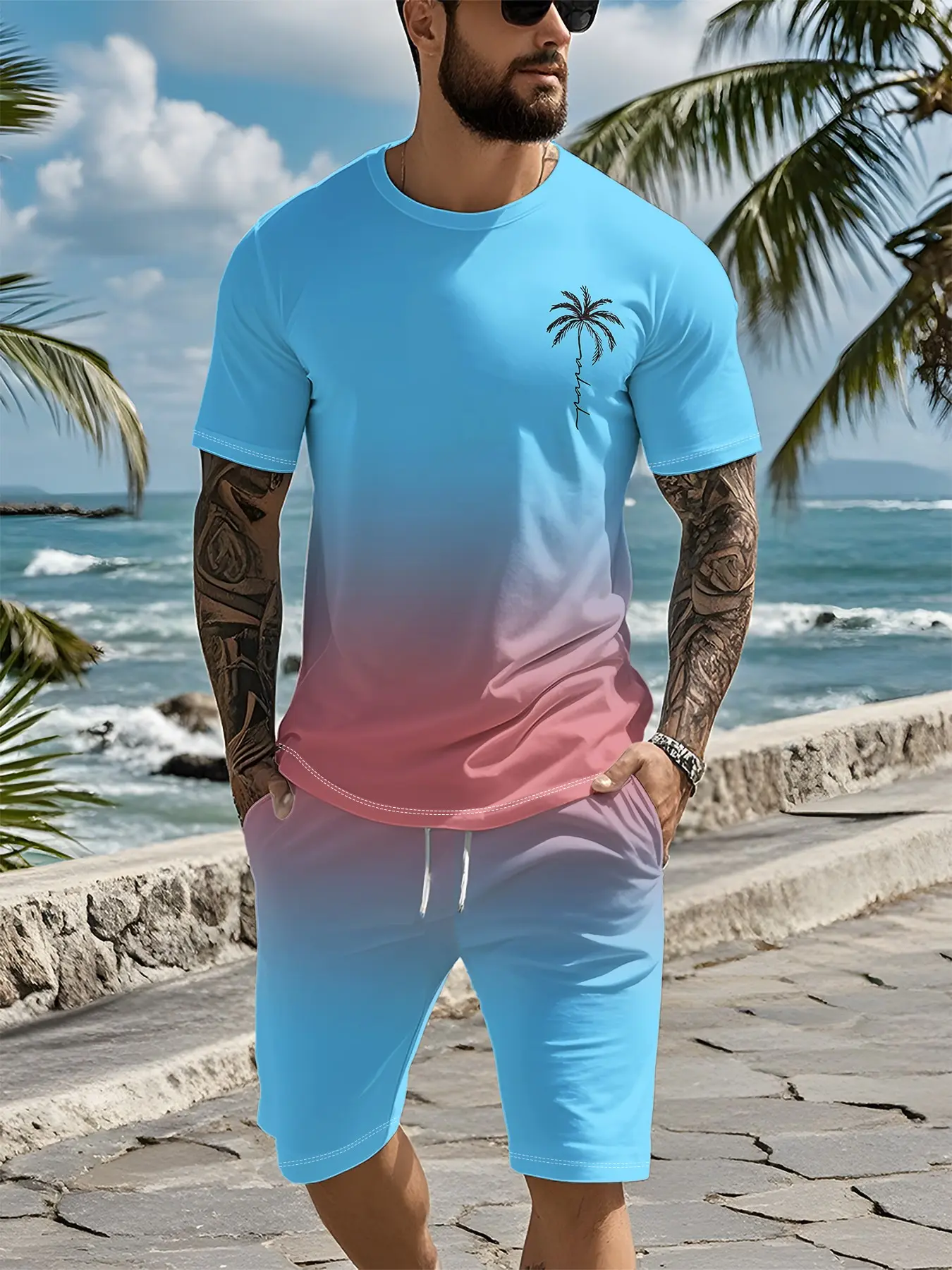Two-piece set with 3D digital print featuring a single coconut tree with gradient shades from sky blue to emerald green for outdoor leisure, Pants set outfit, trendy vacation-style outfit, breathable sport, Breathable Sporty Outfits