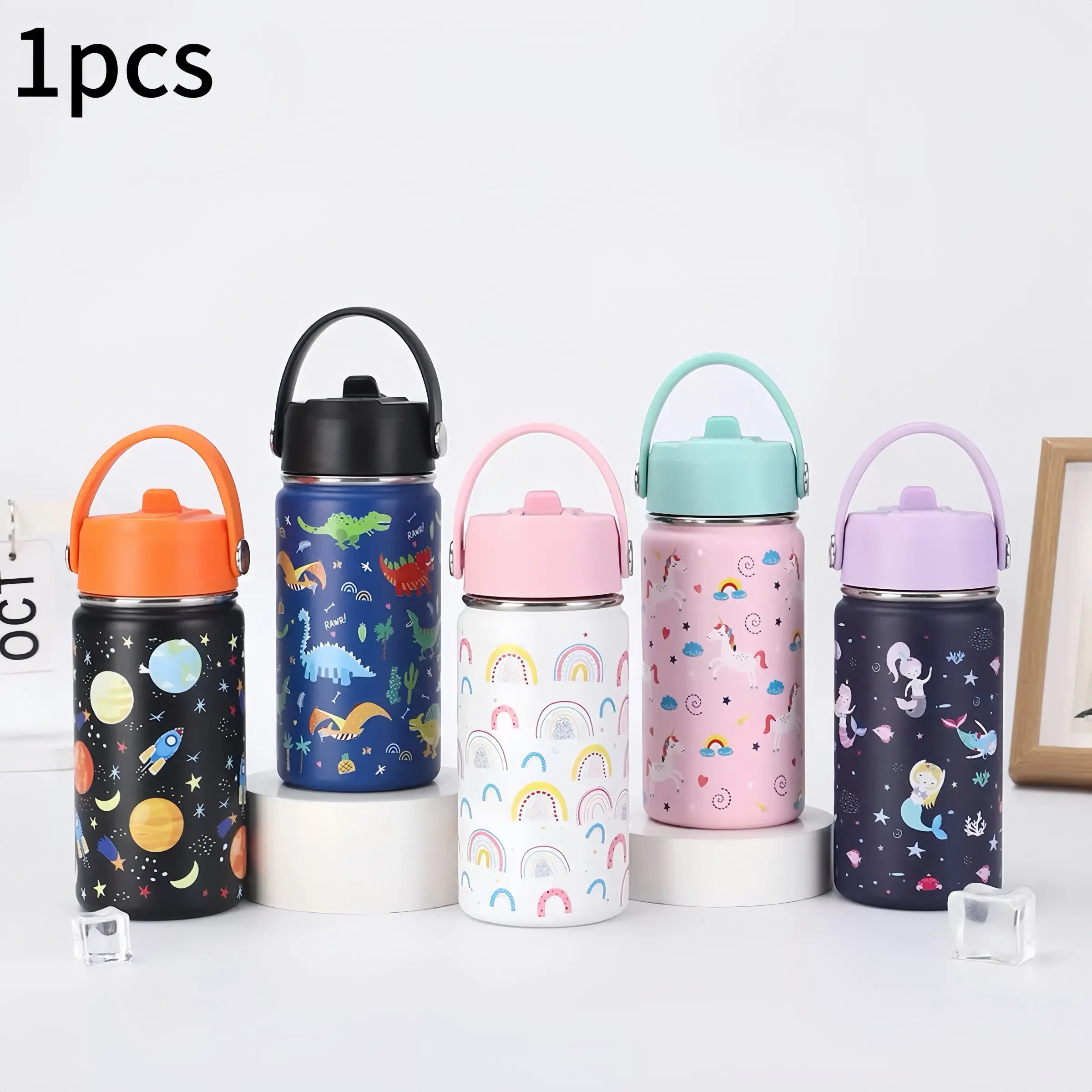 12oz Cute Cartoon Stainless Steel Insulated Tumbler with Straw, Durable Handle, Kids Cup, Birthday Gift, Portable Outdoor, Office, Travel, School