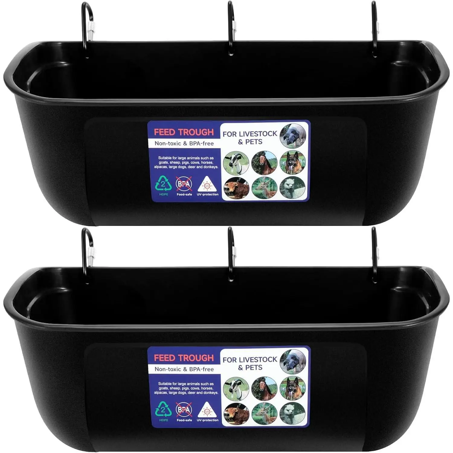 2-Pack 9 Qt Polypropylene Livestock Feed Trough Detachable Hanging Fence Feeder Bucket for Goats Chickens Ducks Black