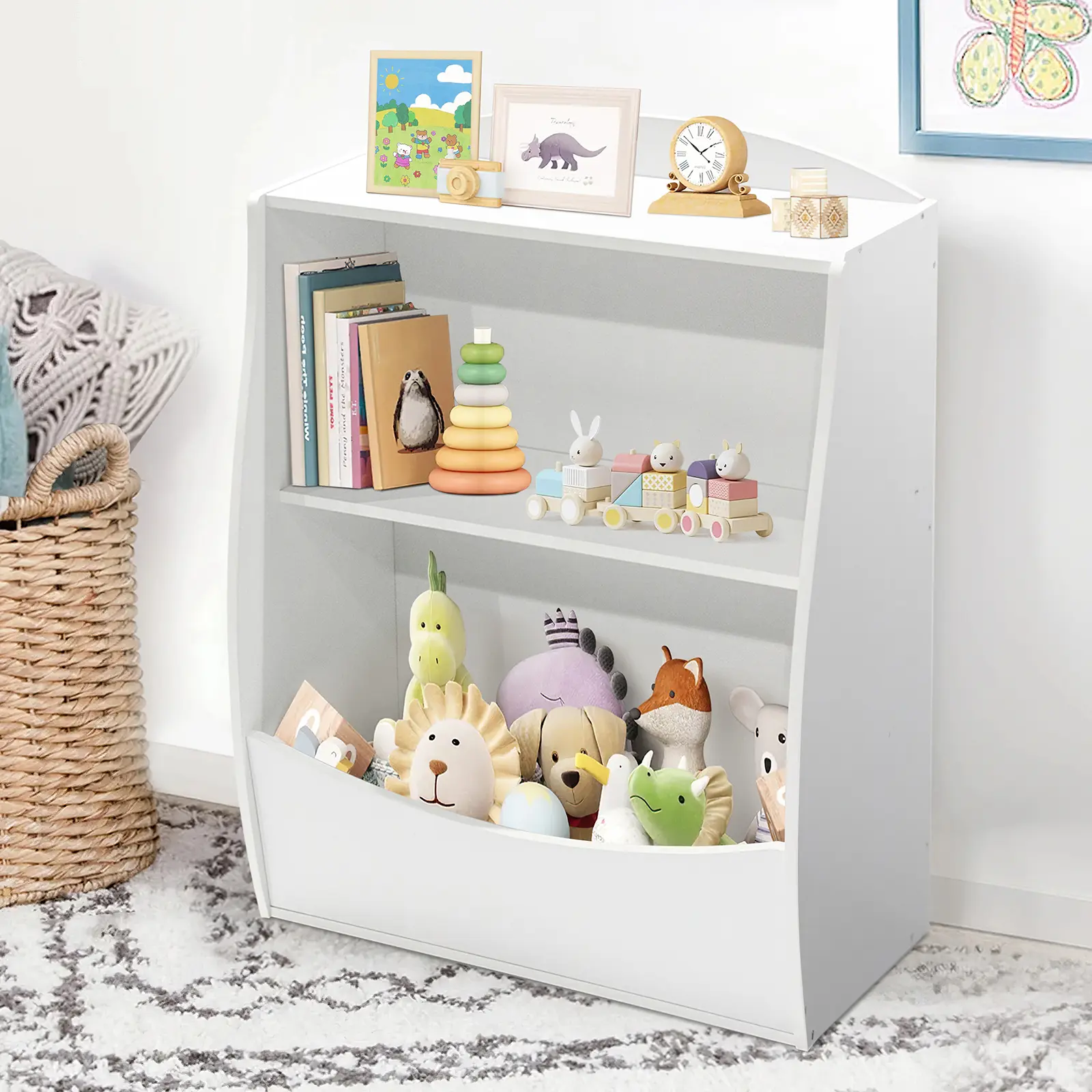 2-Tier Bookshelf & Toy Organizer – Wooden Curved Bookcase, Multi-Shelf Storage Cabinet, Perfect for Bedroom, Nursery, Playroom or School