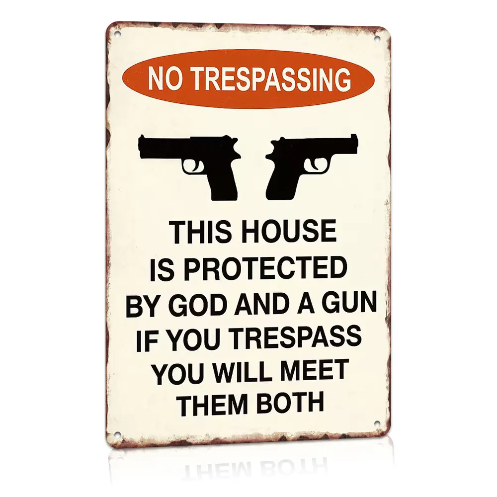 Vintage Weatherproof Aluminum "No Trespassing This House Protected By God And 2 Handguns" Decorative Hanging Oval Sign, 8x12" Vertical Cream Orange Worn Distressed Home Decor, Gun Owners Gift