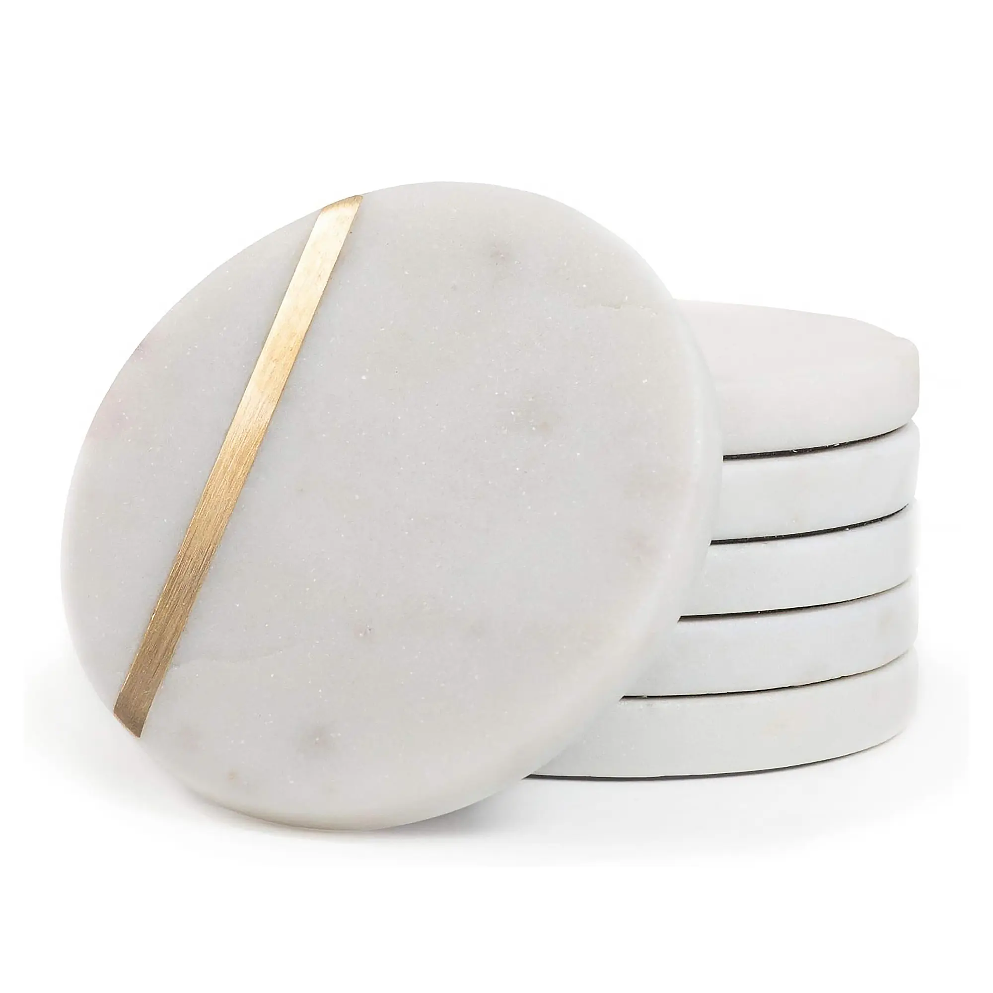 Luxury White Marble Drink Coasters Set of 6 – Modern Semi-Absorbent Stone, Gold Brass Inlay, Non-Slip Round Tabletop Protection for Home Decor, Coffee Table, Kitchen Bar