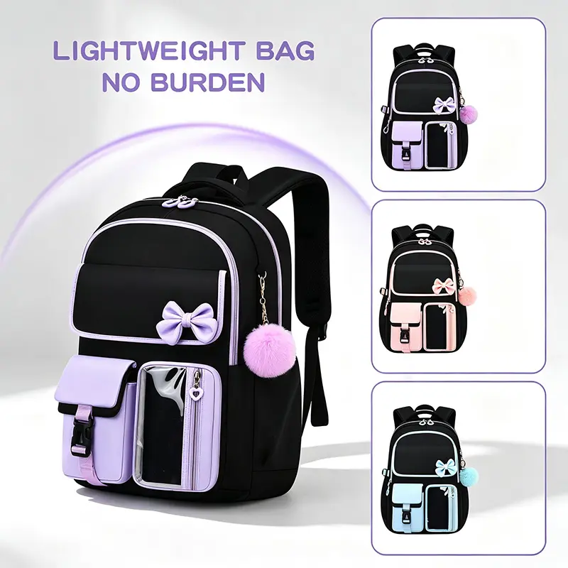 2026 Back to School Cute Bow Pom Pom Large Capacity 16 Inch Laptop Backpack Waterproof Lightweight School Bag for Teen Girls Middle High School College Students Kawaii Bookbag Outdoor Camping Daily Travel Backpack