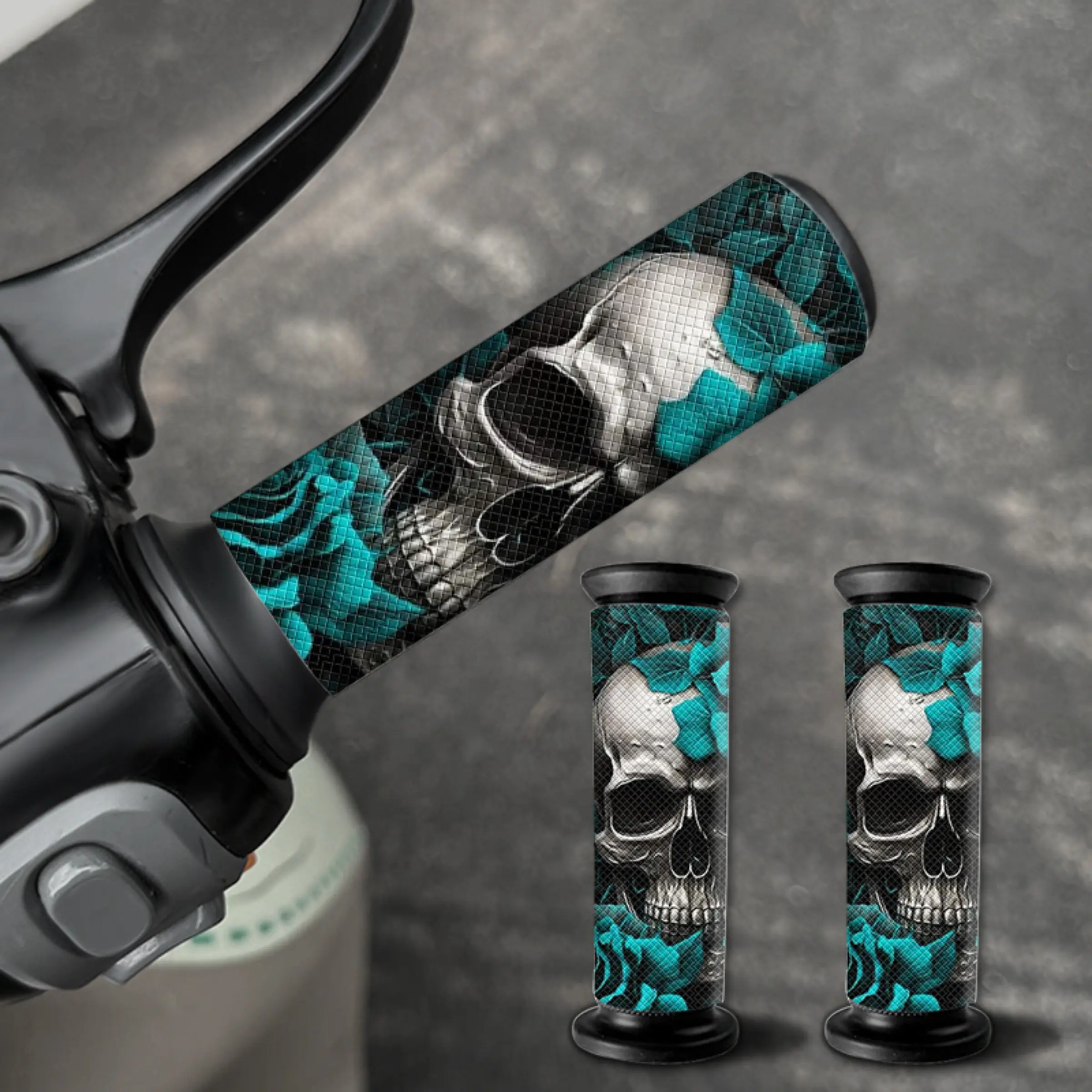 Unique Skull Design Motorcycle Handlebar Set Sticker, Motorcycle Stickers, Blue Rose Waterproof Durable Vinyl Decal for Scooter and Bike Personalization, Perfect for Halloween Decorations and Motorcycle Accessories, Ideal for Hobbyists