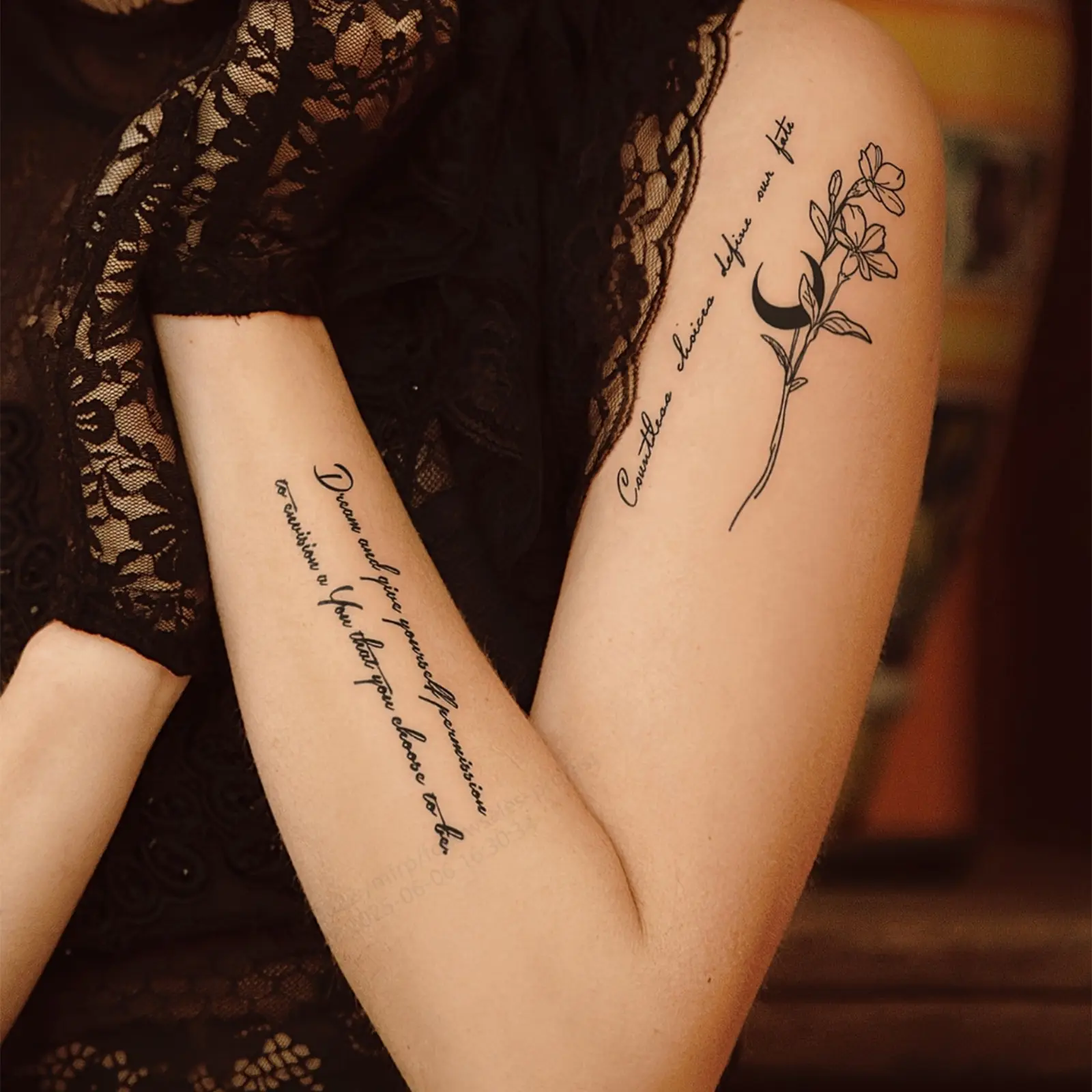 4PC Temporary Tattoo Sticker, Viral Ins Minimalist Heart Butterfly Moon Letter Tattoo Decal, Thin Line English Quote Body Sticker, Waterproof Long Lasting Non-Reflective Design for Collarbone Arm Daily Matching