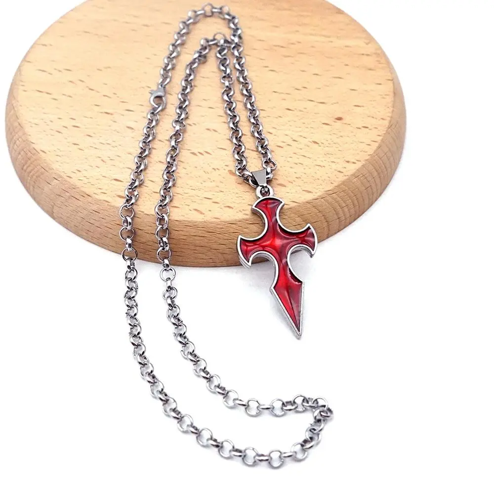 Anime Sword Art Online Yui's Heart Bold Red Knight Cross Pendant Necklace - Crystal Metal with Metal Coating, Adjustable Length, Sleek Chain, Unisex Choker/Long Elegant Jewelry, Daily Use, Gift for SAO Enthusiasts, Everyday Use, Modern Sleek, Unisex Wear,