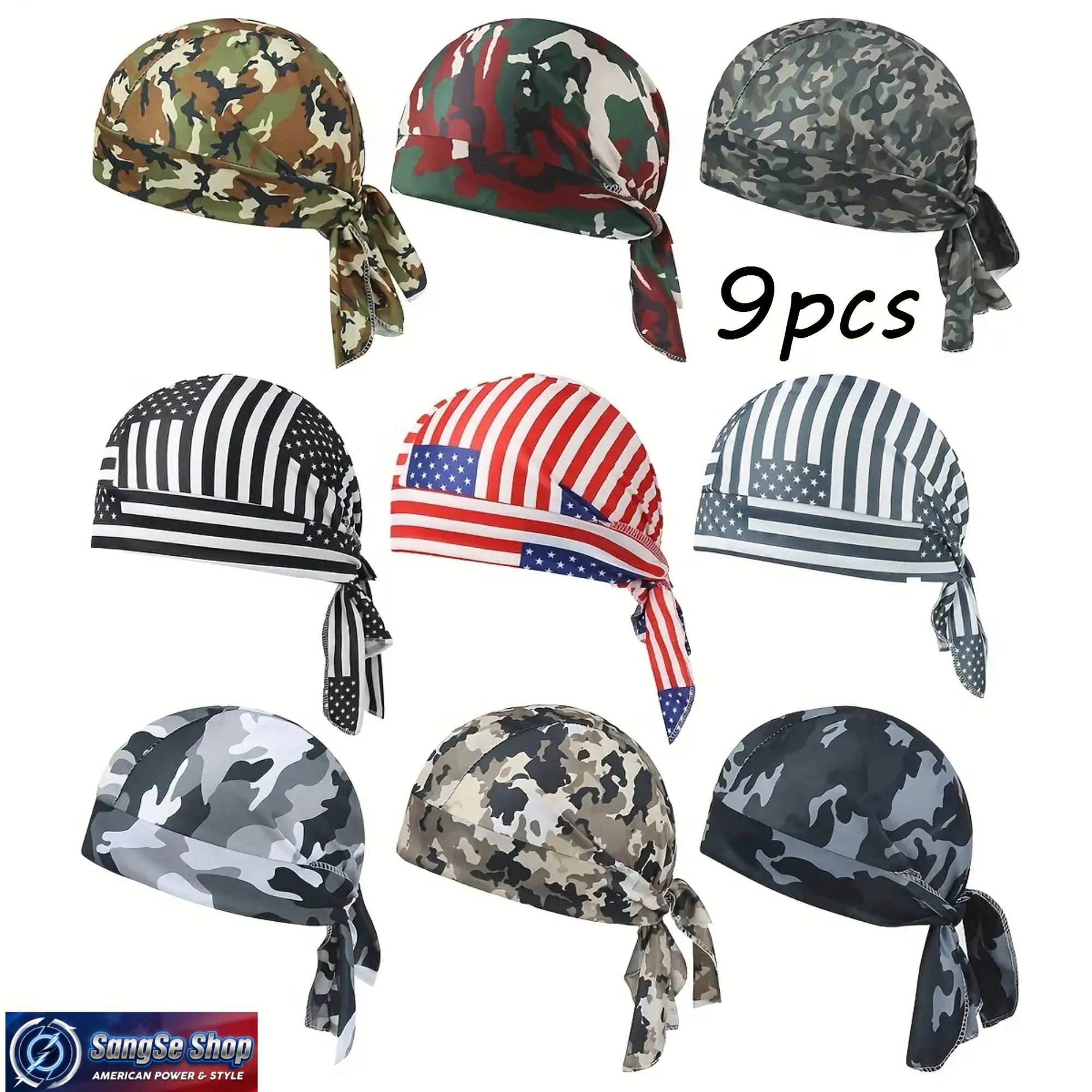9-Piece Cooling Sweat-Wicking Durag Set for Adults, Breathable Polyester Headwrap Caps, Lightweight Stretch Fitted Do Rags for Men, Camouflage & American Flag Designs, Universal Motorcycle Riding Gear, Running, Sports, Outdoor Work & All Season Daily Wear
