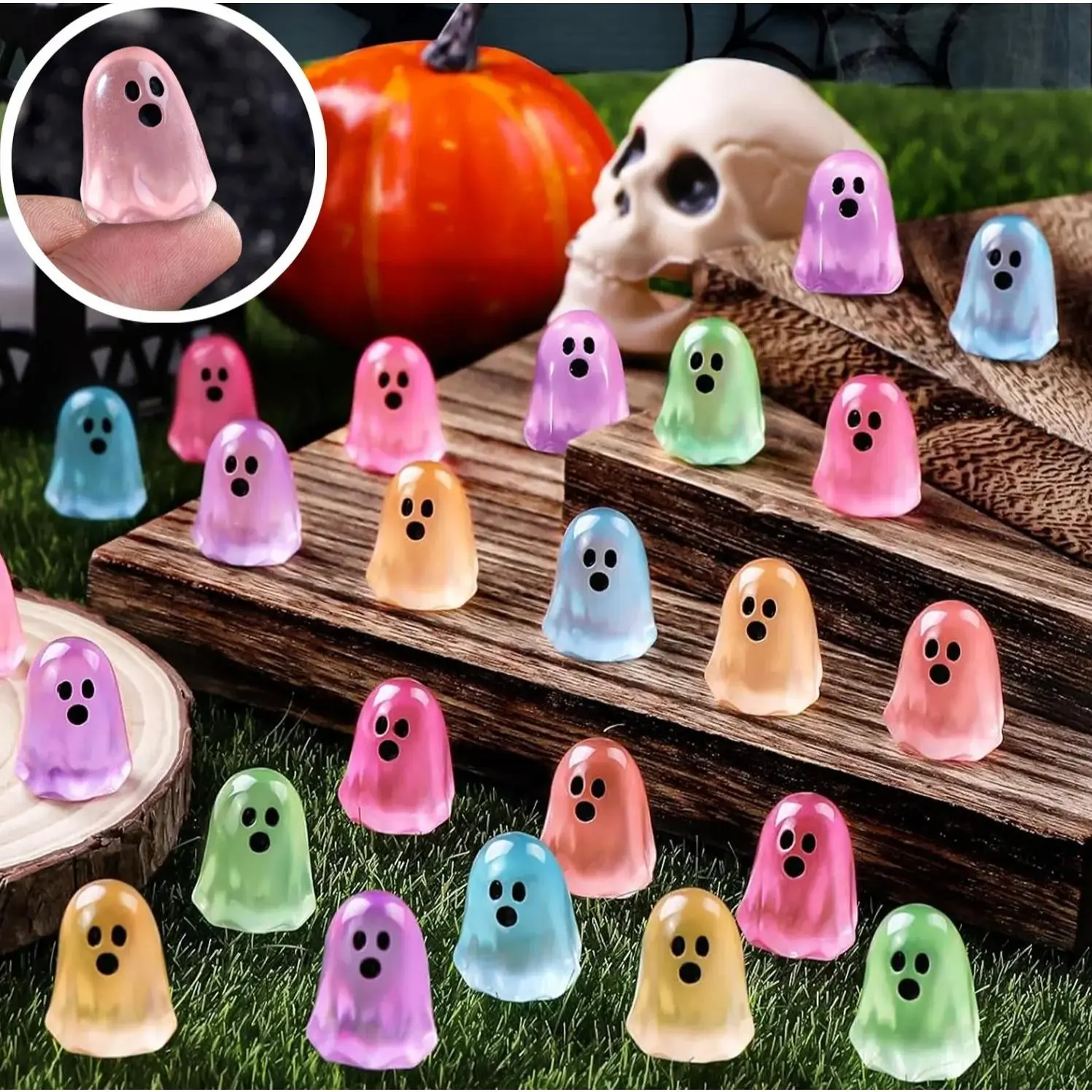 Miniature Spooky Glow-in-the-Dark Ghost Figurines (20-40-60 Pack) - Cute Resin Halloween Party Favors, Home Decor for Fall Accent Gifts