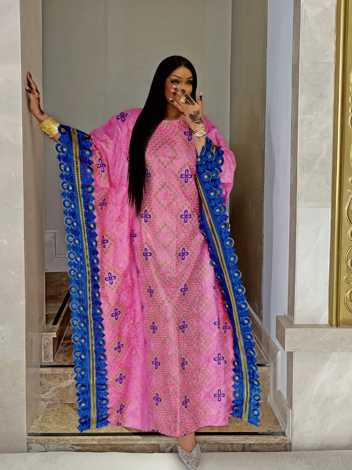 High Quality African Nigerian Traditional Boubou Dress with Embroidered Stone Lace Trim Embroidery, Formal Wedding Gown for Elegant Women, Bride Or Bridesmaids Wedding Party  Long Robe