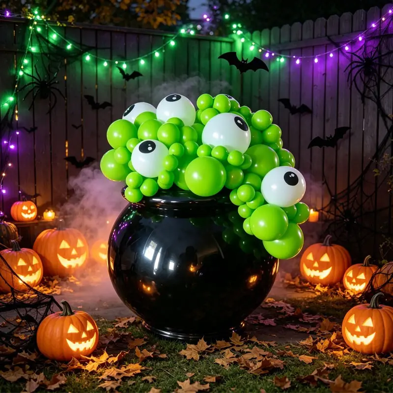 56-Piece Halloween Witch Cauldron Balloon Set, Includes Eye Ball Balloons, Black, light green latex balloons and long balloons，Perfect for Halloween Party, Outdoor、Indoor Halloween Party Decorations，Masquerade party, witch-themed party, horror-themed even