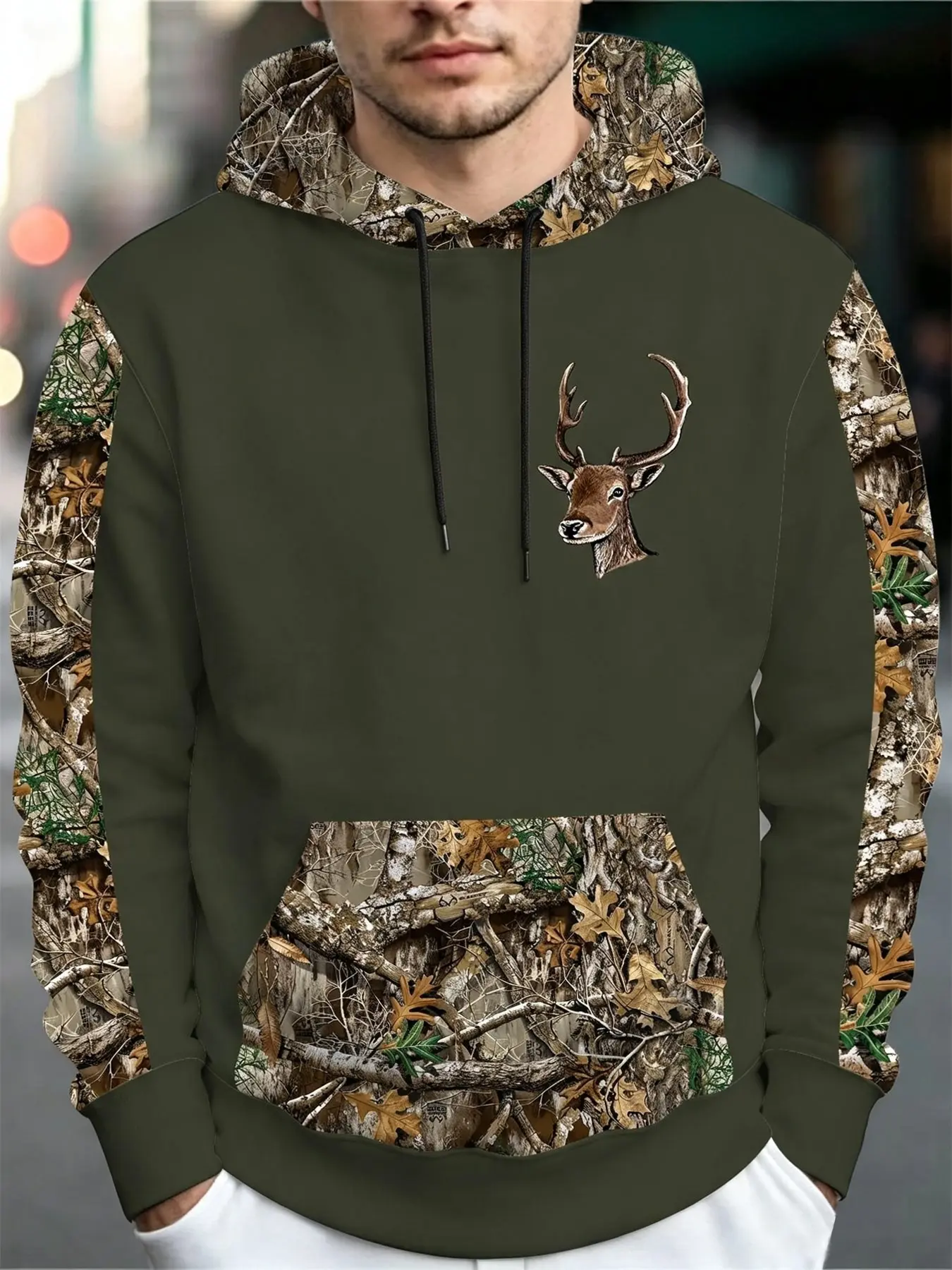 Brown Men's Loose Hooded Pullover Sweatshirt with Woodland Camouflage Spliced Deer Head Print Casual Pullover Hoodie