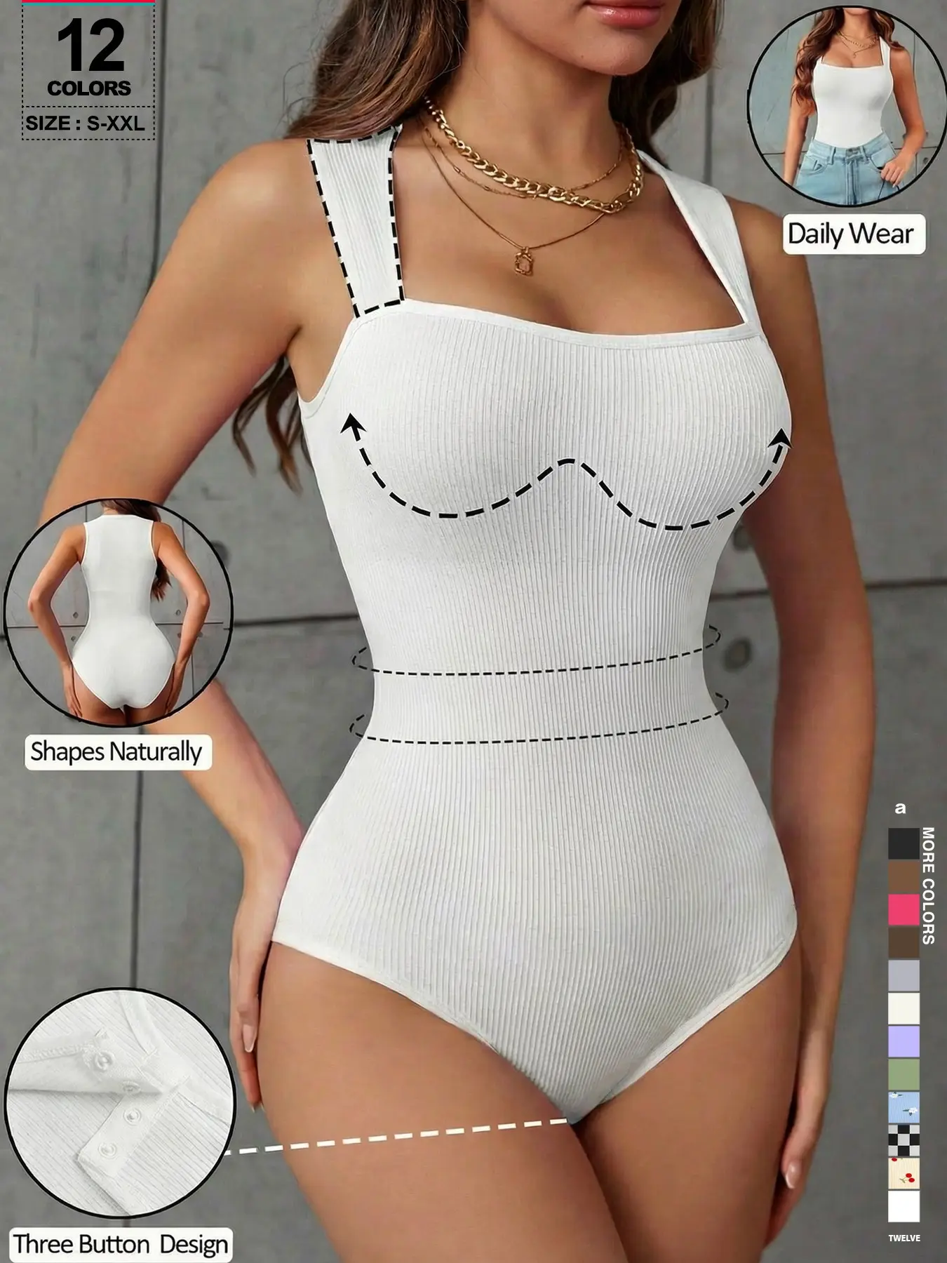Women Shapewear Sexy Casual Ribbed Strappy Square Neck Sleeveless Tummy Control Tank Tops Bodysuit