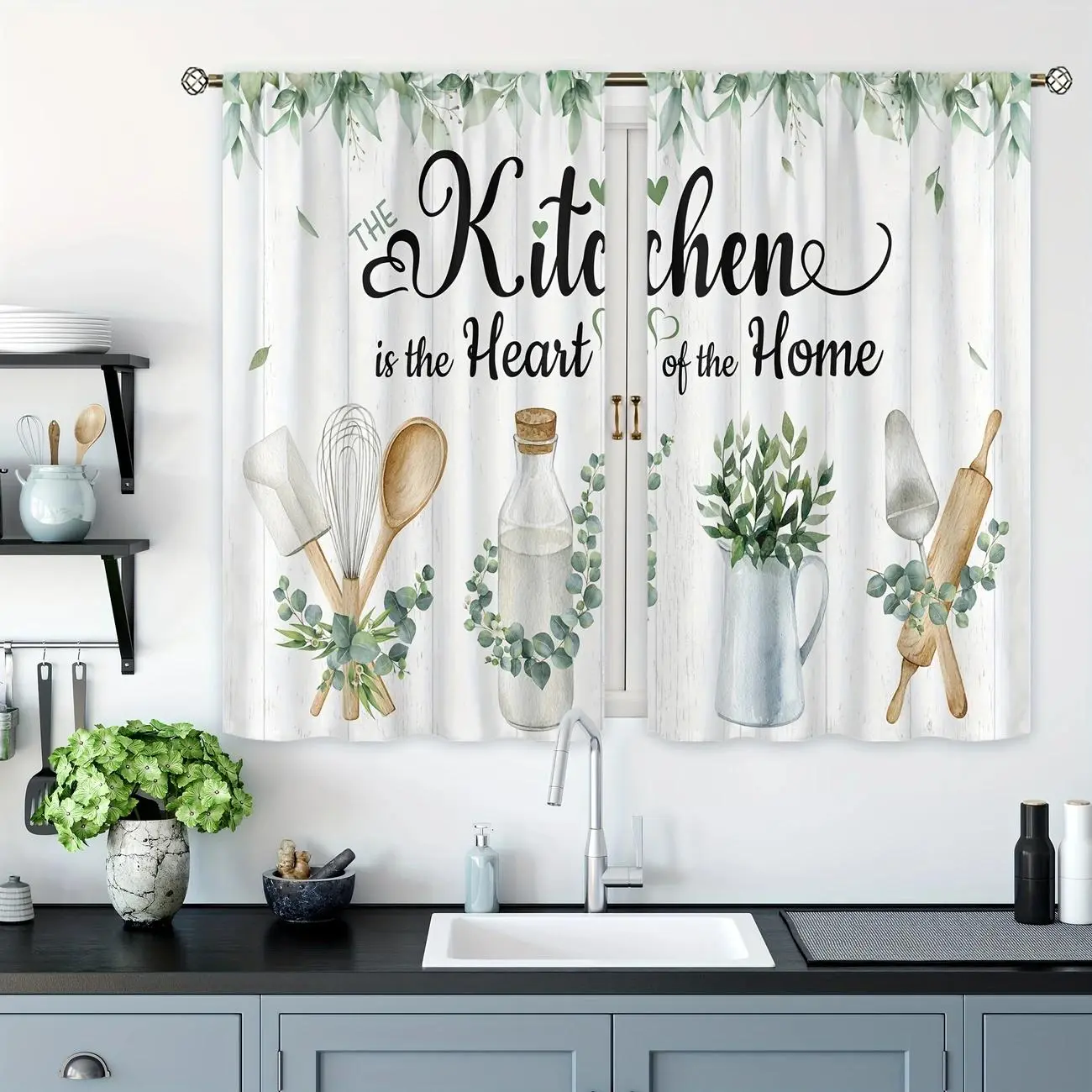 Rustic Eucalyptus Leaf Kitchen Window Curtains, Farmhouse Natural Pocket Rod Decor for Kitchen, Cafe, Office, Living Room & Dining Room, Home Decorative Curtain