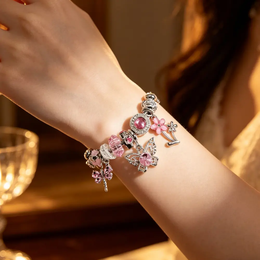 Pink Butterfly Beaded Bracelet, DIY Adjustable Bracelet for Girls, Limit 1 Piece Purchase