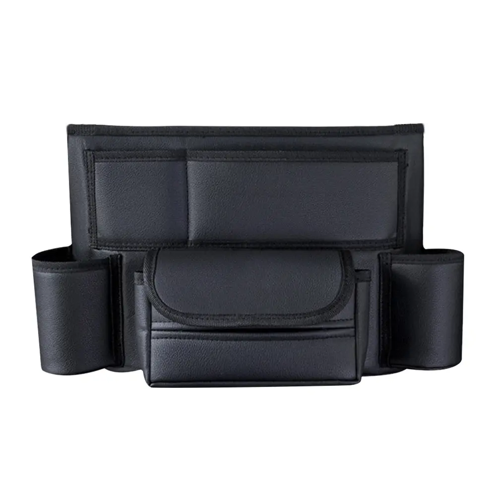 PU Leather Car Seat Side Storage Bag, Durable Multi-Pocket Organizer with Dual Cup Holders, Universal Fit for Cars, Suvs, Trucks