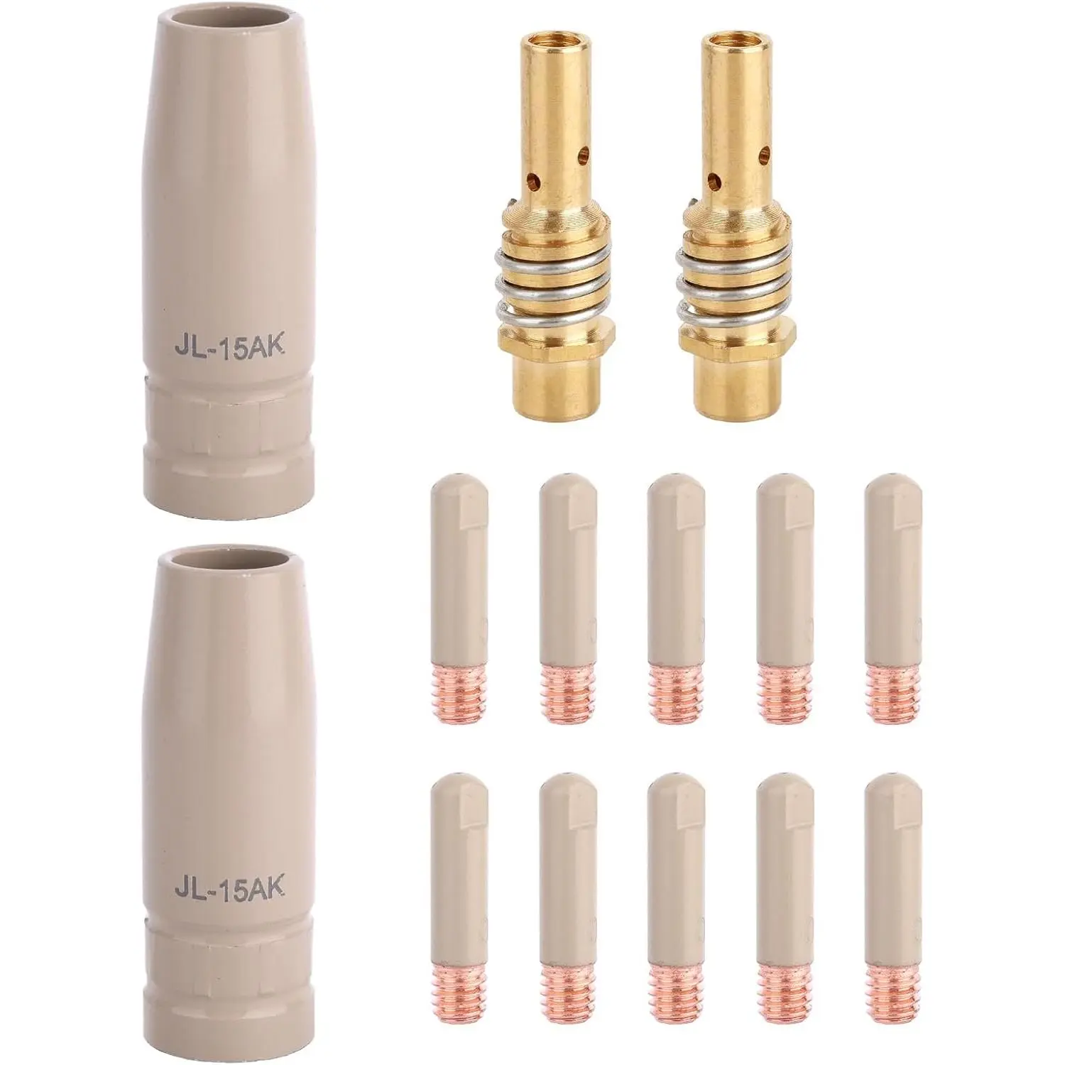 14pcs Mig Nozzle Tips with Non-Stick Coating, 10 0.035in/0.9mm Contact Tips 2 Gas Diffuser 2 Gas Nozzles Welder Accessory Compatible with MB15 15AK Gun