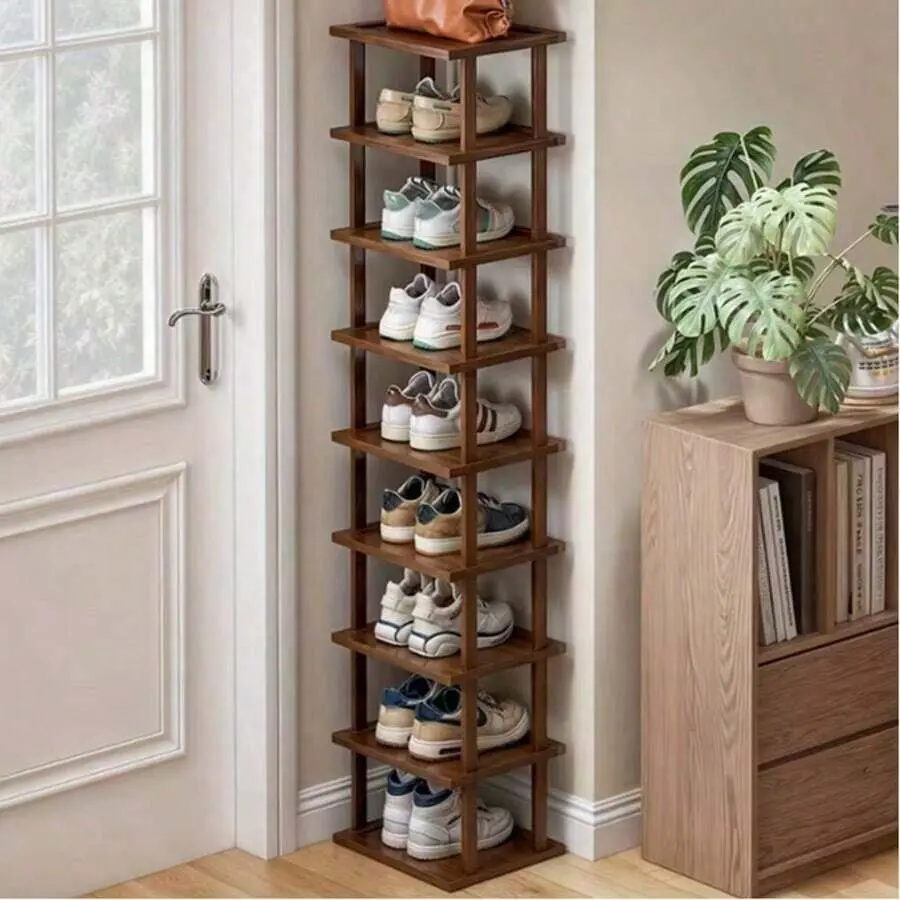 9-Tier Natural Wood Teak Bamboo Shoe Rack, 25cm Narrow Vertical Stack Storage Holder for Entryway