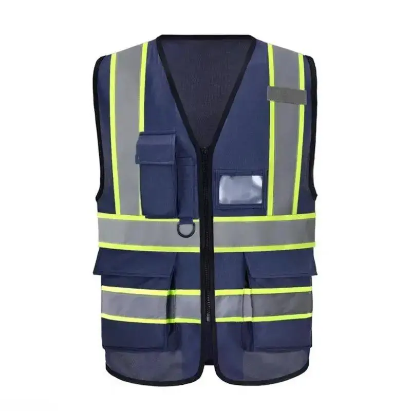 FringeFlutter High-Visibility Reflective Safety Vest, Navy Blue Zippered Polyester Vest with Bright Yellow Strips & Multi-Pockets, Unisex Protective Wear for Night Riding and Outdoor Work