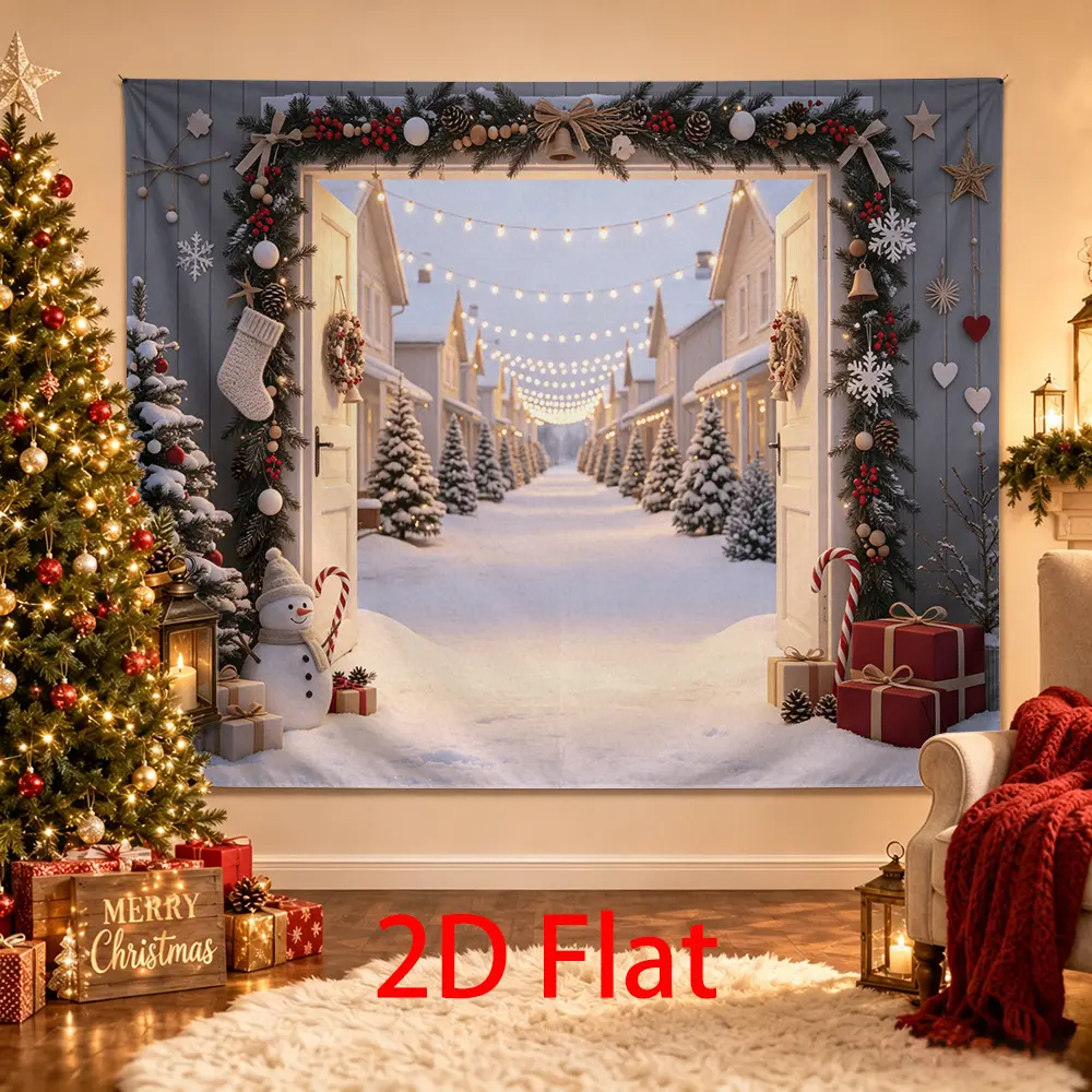 Christmas Winter Village Backdrop with Snowman, Open Doorway, Pine Garland, Candy Canes, Gifts and Warm Lights Photo Background
