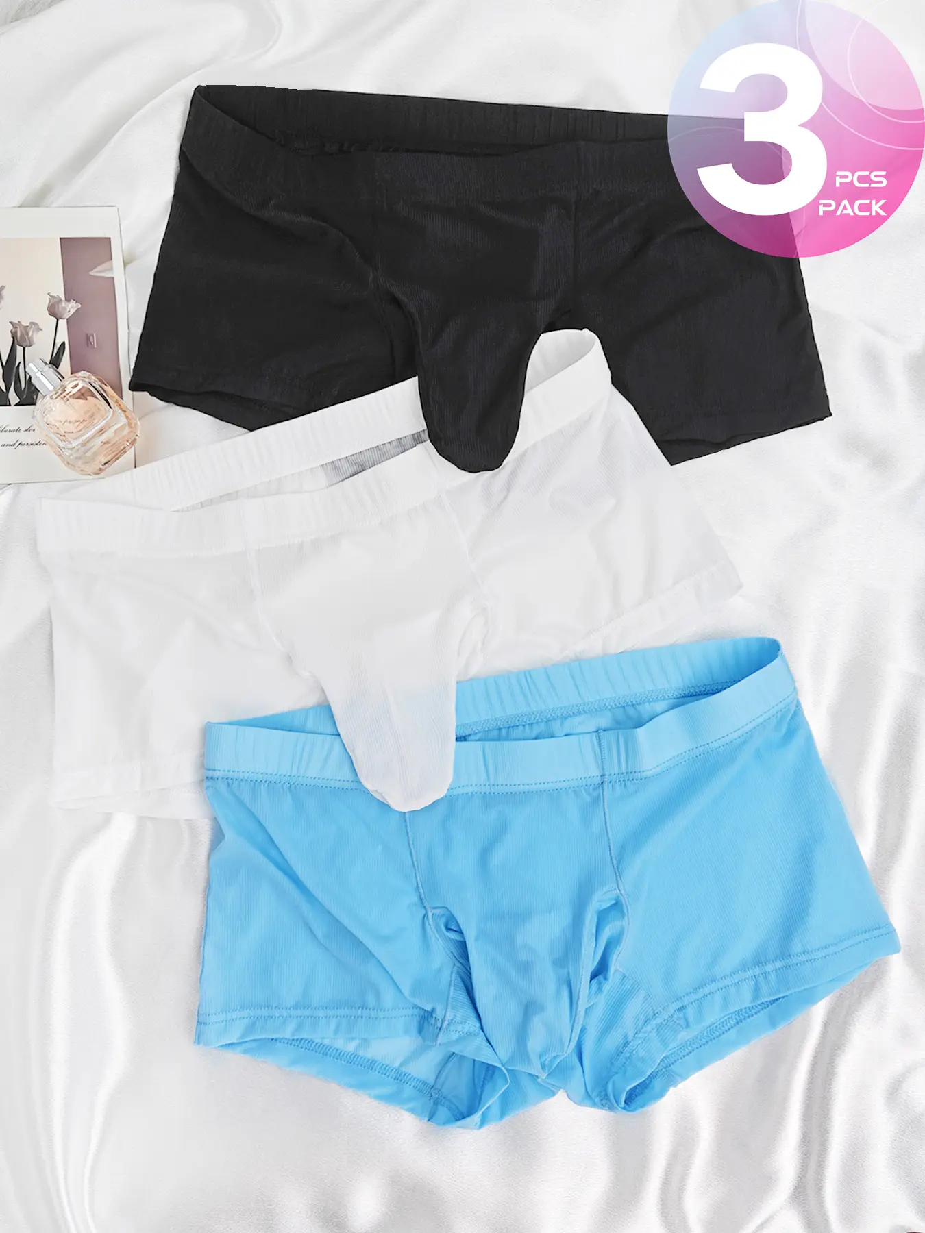 3Pcs Set Solid Plain Stylish Slim Fit Men's Boxers, Casual Breathable Underwear, smooth breathable fabric with elephant trunk pouch design, comfy to wear for sports, fitness and daily loungewear