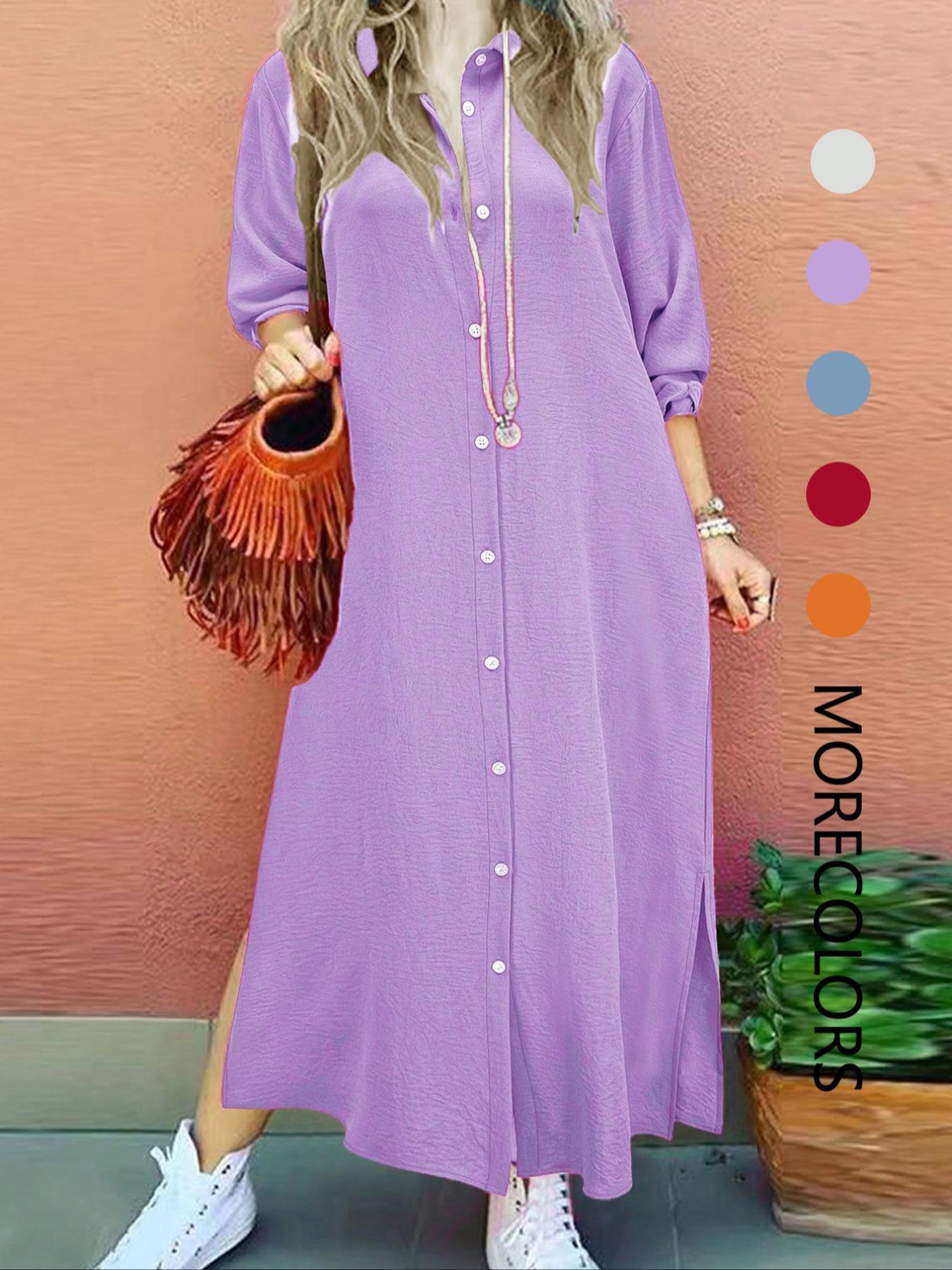 Women's Plain Button Shirt Collar Long Sleeve Dress, Collared Casual Fashion Long Dress for Daily Outdoor Wear, Women's Dress for Spring, Womenswear