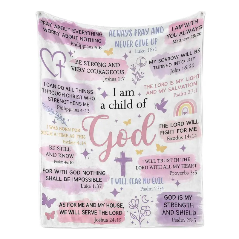 Lightweight Soft Flannel Cloth Throw Blanket (60x80 in) - Faith-Based "I Am A Child Of God" Bible Quotes Collage, Pastel Watercolor Religious Print, Sofa Use, Girl Room Decor, Heartwarming Gift, Religious Faith