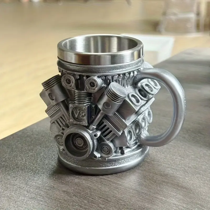 Cool V8 Engine Coffee Cup, V6 Engine Mug, Mechanical Enthusiast Collection, Men's New Year Gift, Resin Artwork, Stainless Steel Inner Lining