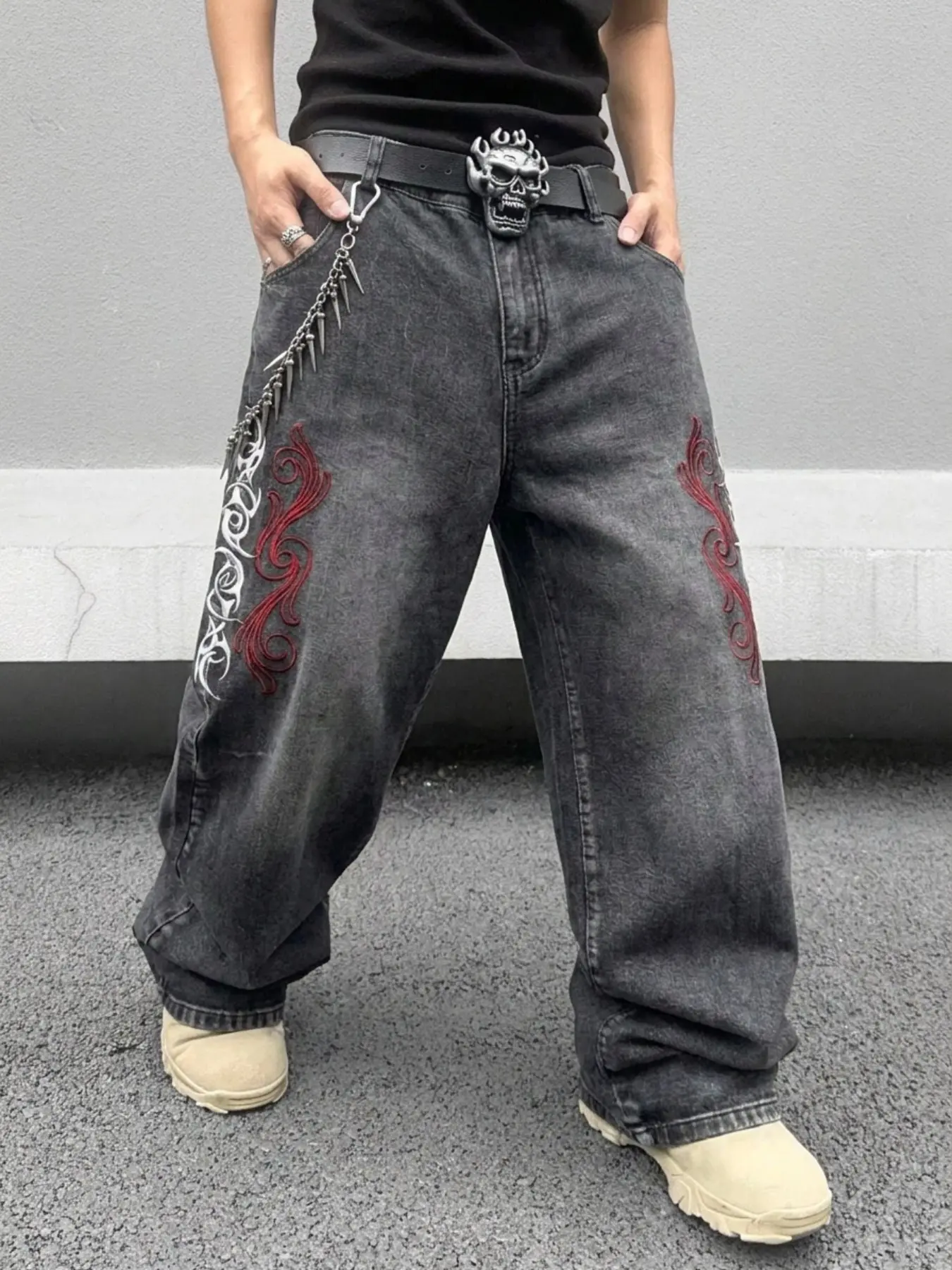 Trendy Totem Casual Embroidered Jeans, American High Street Distressed Gradient Wide Leg Pants, Unisex Slimming Versatile Jeans